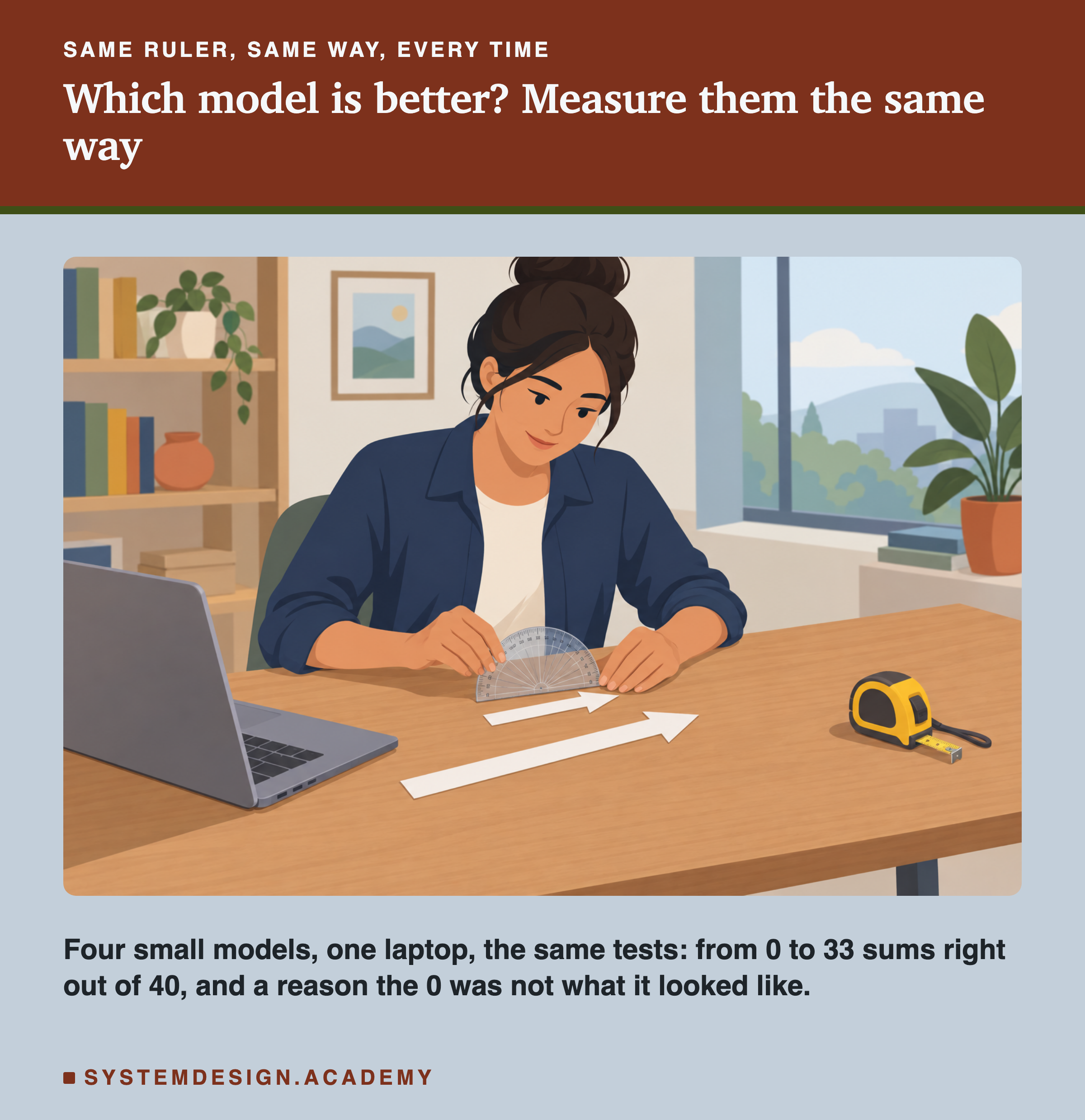 An illustration of a person at a desk measuring with a protractor, with a tape measure beside them. Under the heading which model is better, measure them the same way. Beneath: four small models, one laptop, the same tests, from 0 to 33 sums right out of 40, and a reason the 0 was not what it looked like.