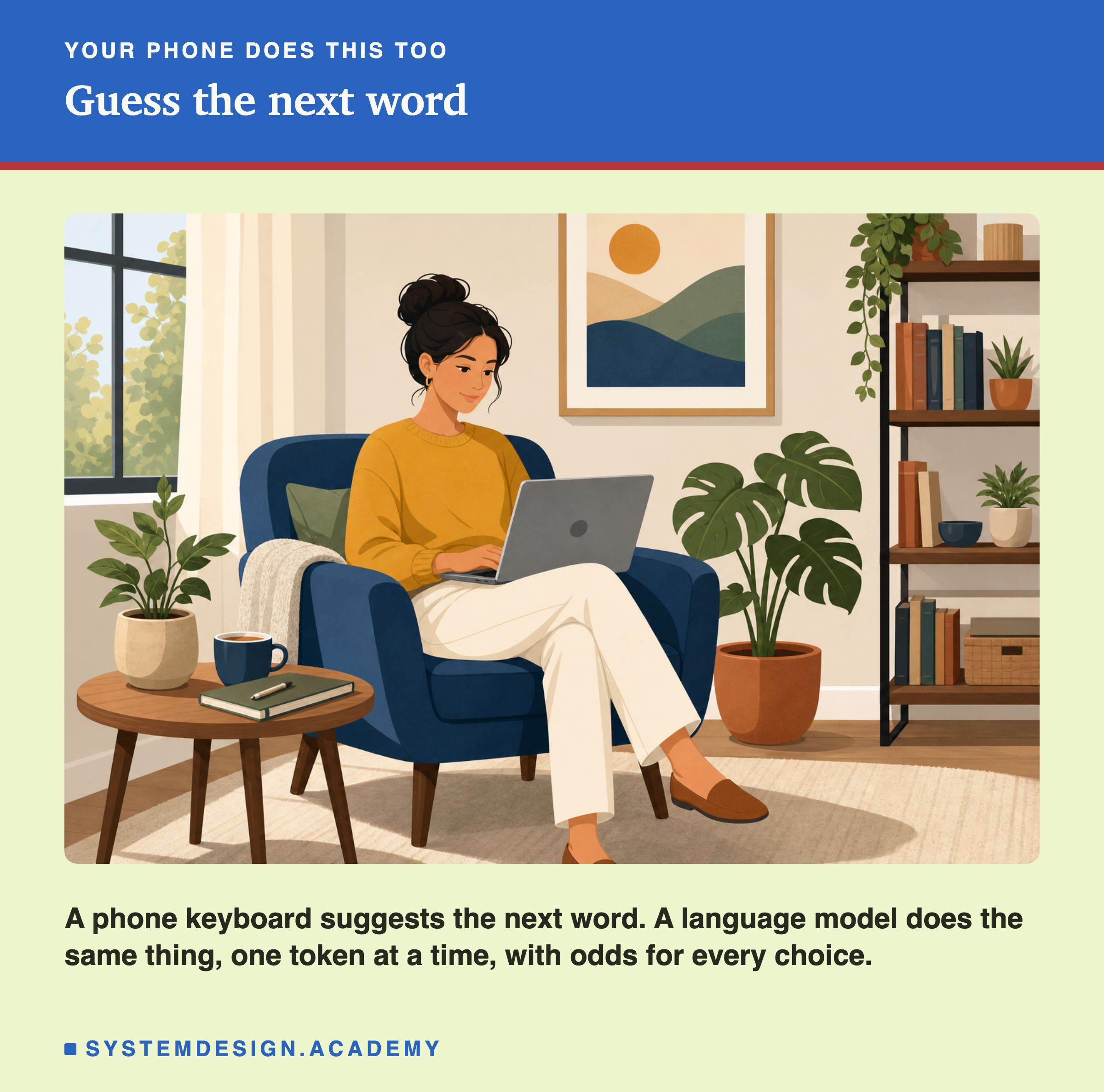 A flat illustration of a person sitting in an armchair typing on a laptop, with a cup of tea beside her. A line says a phone keyboard suggests the next word, and a language model does the same thing, one token at a time, with odds for every choice.
