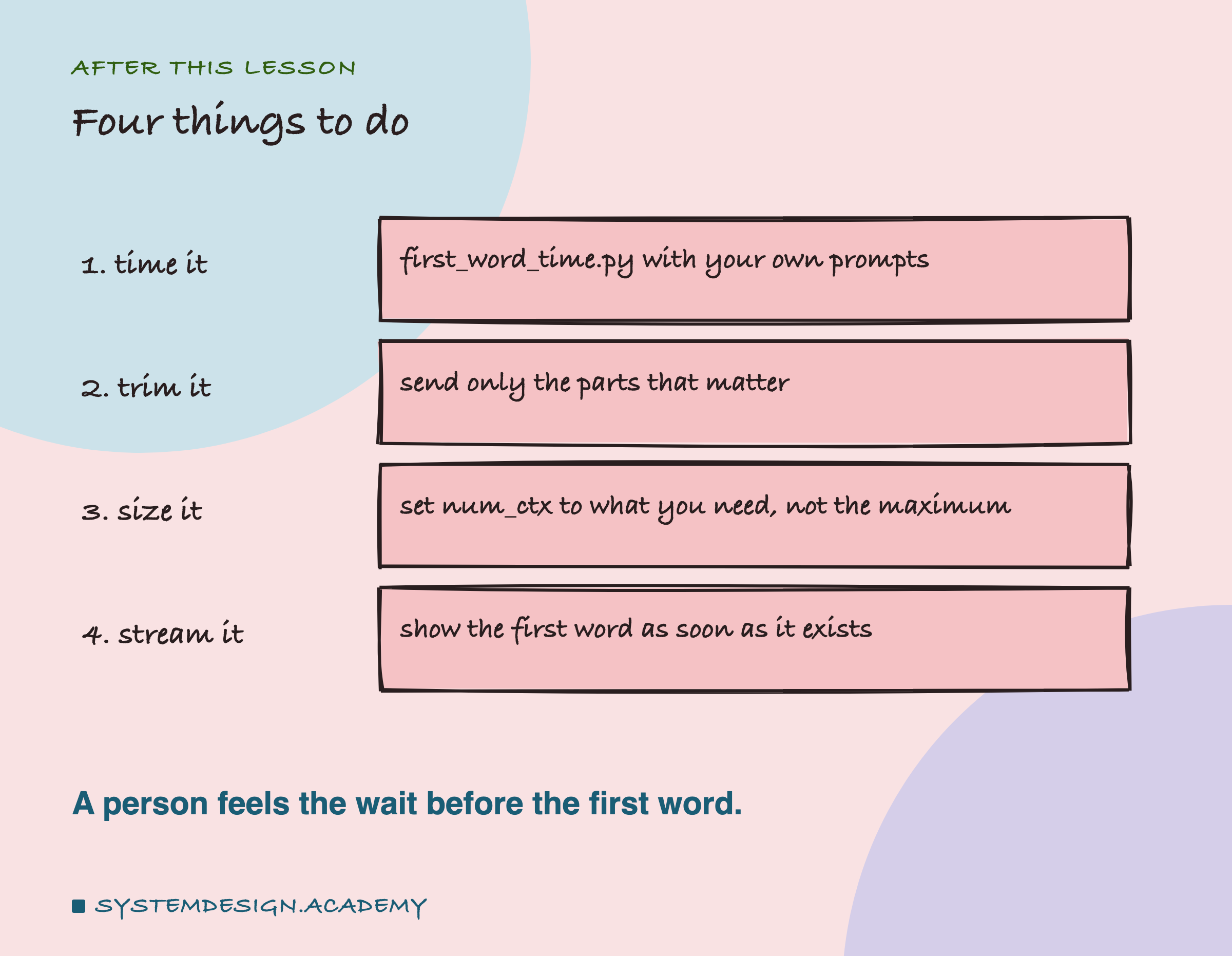 A hand-drawn list of four steps. 1, time it: first_word_time.py with your own prompts. 2, trim it: send only the parts that matter. 3, size it: set num_ctx to what you need, not the maximum. 4, stream it: show the first word as soon as it exists. Beneath: a person feels the wait before the first word.