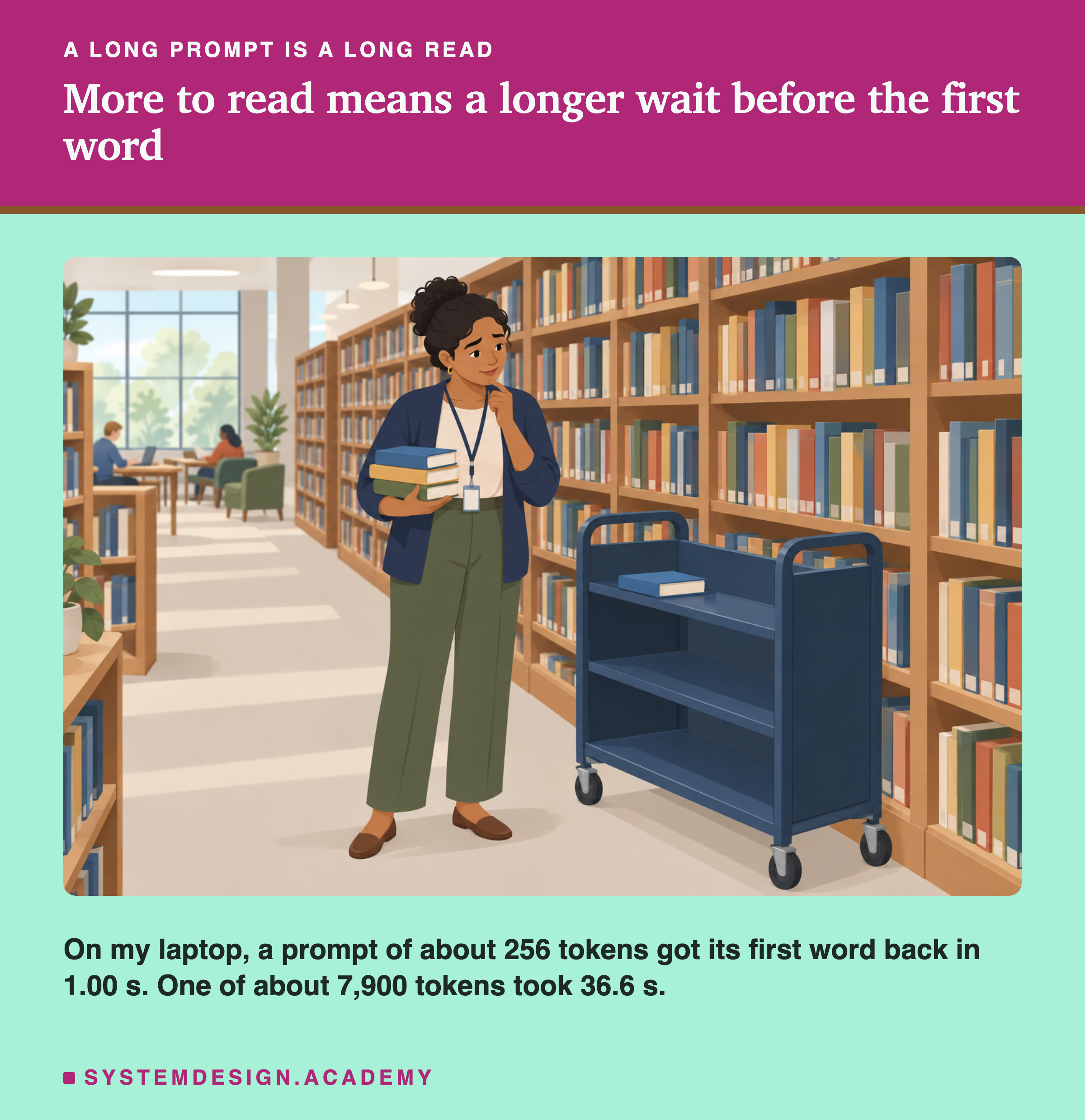 An illustration of a library scene. Beneath: on my laptop, a prompt of about 256 tokens got its first word back in 1.00 s, and one of about 7,900 tokens took 36.6 s.