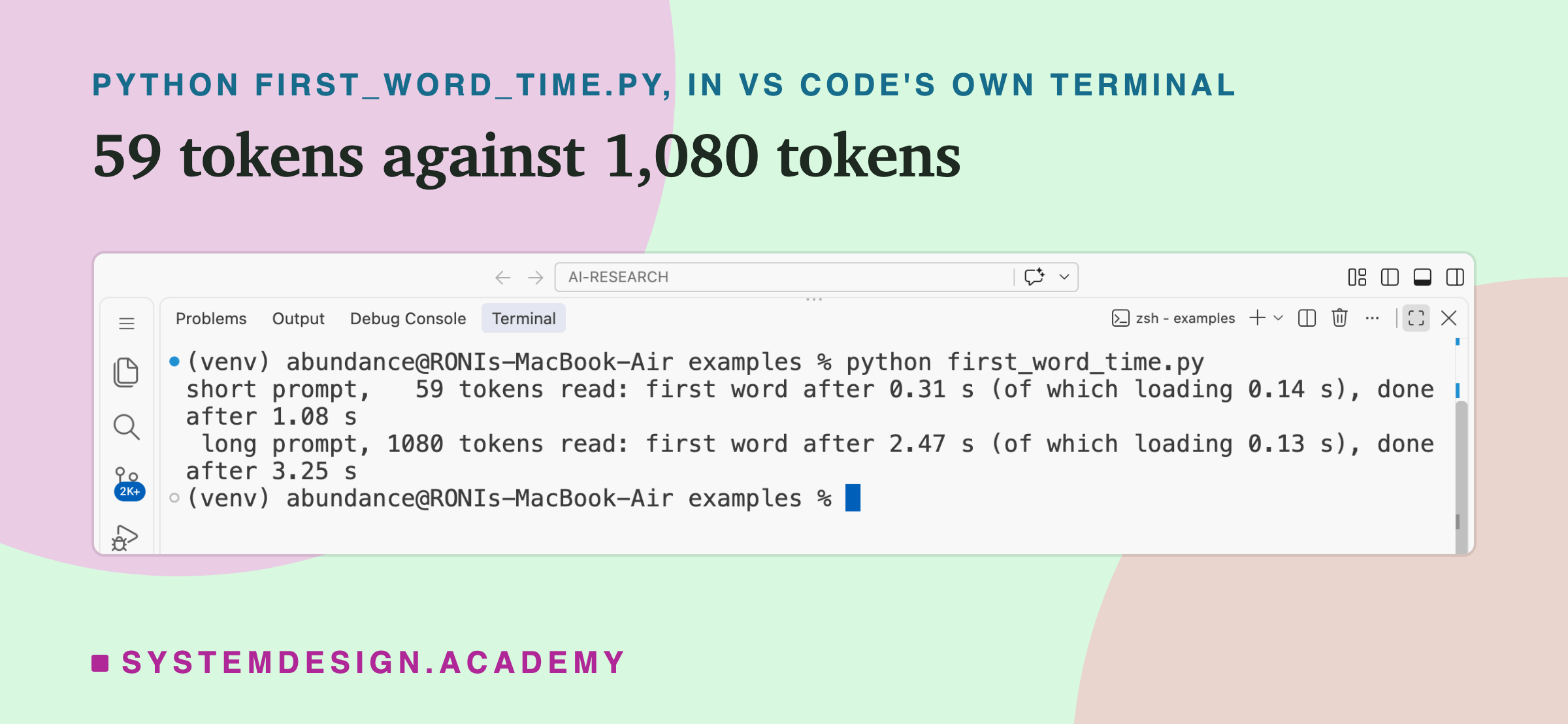 A real screenshot of VS Code's terminal after running python first_word_time.py. The short prompt, 59 tokens read: first word after 0.31 s, of which loading 0.14 s, done after 1.08 s. The long prompt, 1080 tokens read: first word after 2.47 s, of which loading 0.13 s, done after 3.25 s.