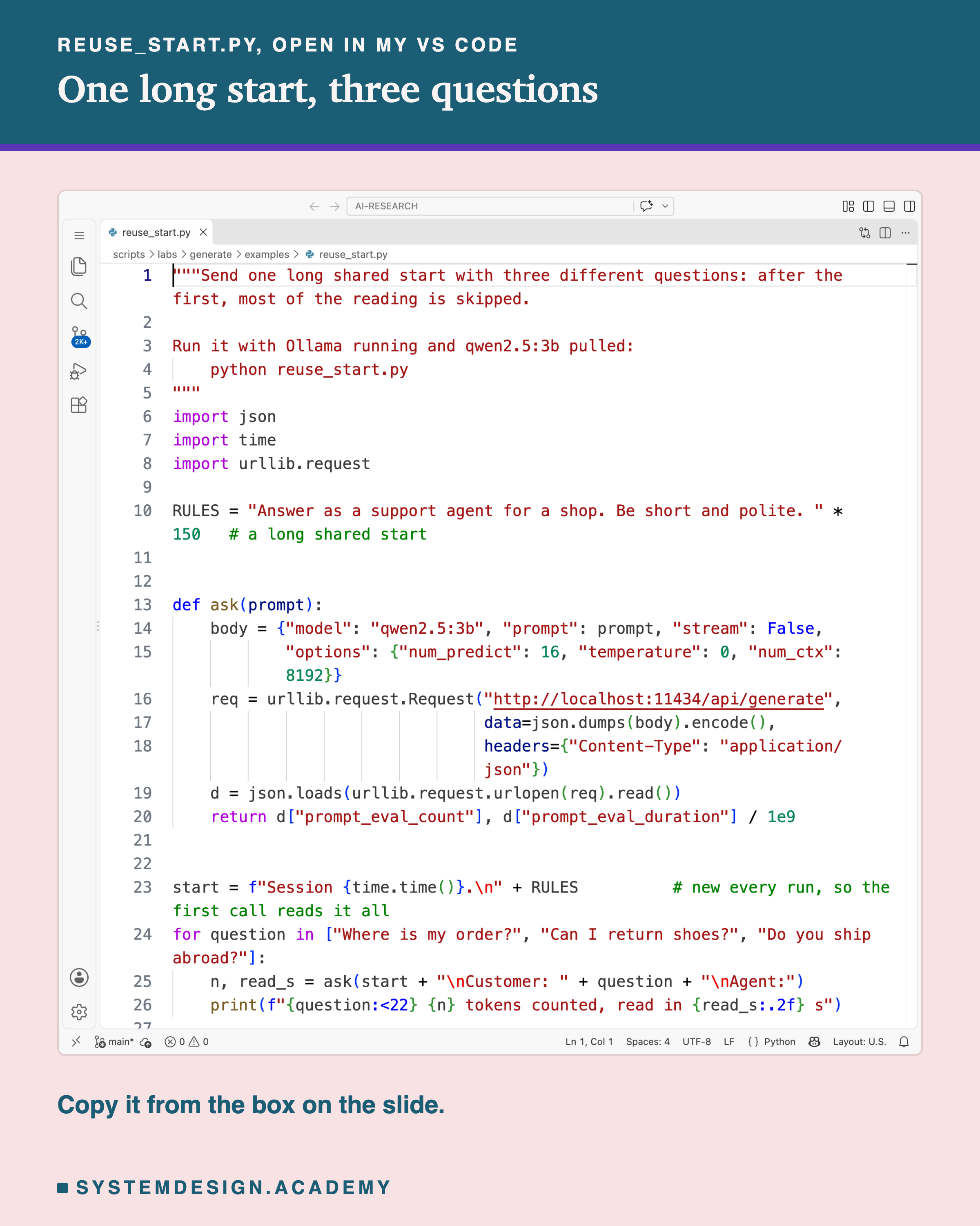 A real screenshot of VS Code with reuse_start.py open. Its first line says it sends one long shared start with three different questions. It builds the start by repeating one sentence of rules 150 times, defines ask, which sends a prompt to Ollama and returns the token count and the reading time, then makes a start with a unique first line and sends it with three questions: where is my order, can I return shoes, and do you ship abroad. Beneath: copy it from the box on the slide.