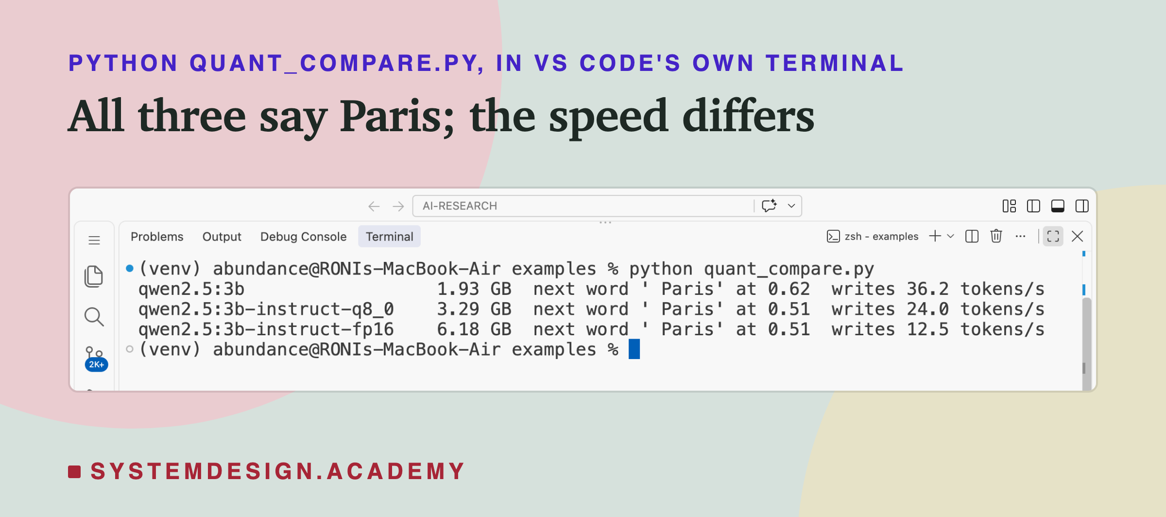A real screenshot of VS Code's terminal after running python quant_compare.py. qwen2.5:3b: 1.93 GB, next word Paris at 0.62, writes 36.2 tokens a second. qwen2.5:3b-instruct-q8_0: 3.29 GB, next word Paris at 0.51, writes 24.0 tokens a second. qwen2.5:3b-instruct-fp16: 6.18 GB, next word Paris at 0.51, writes 12.5 tokens a second.
