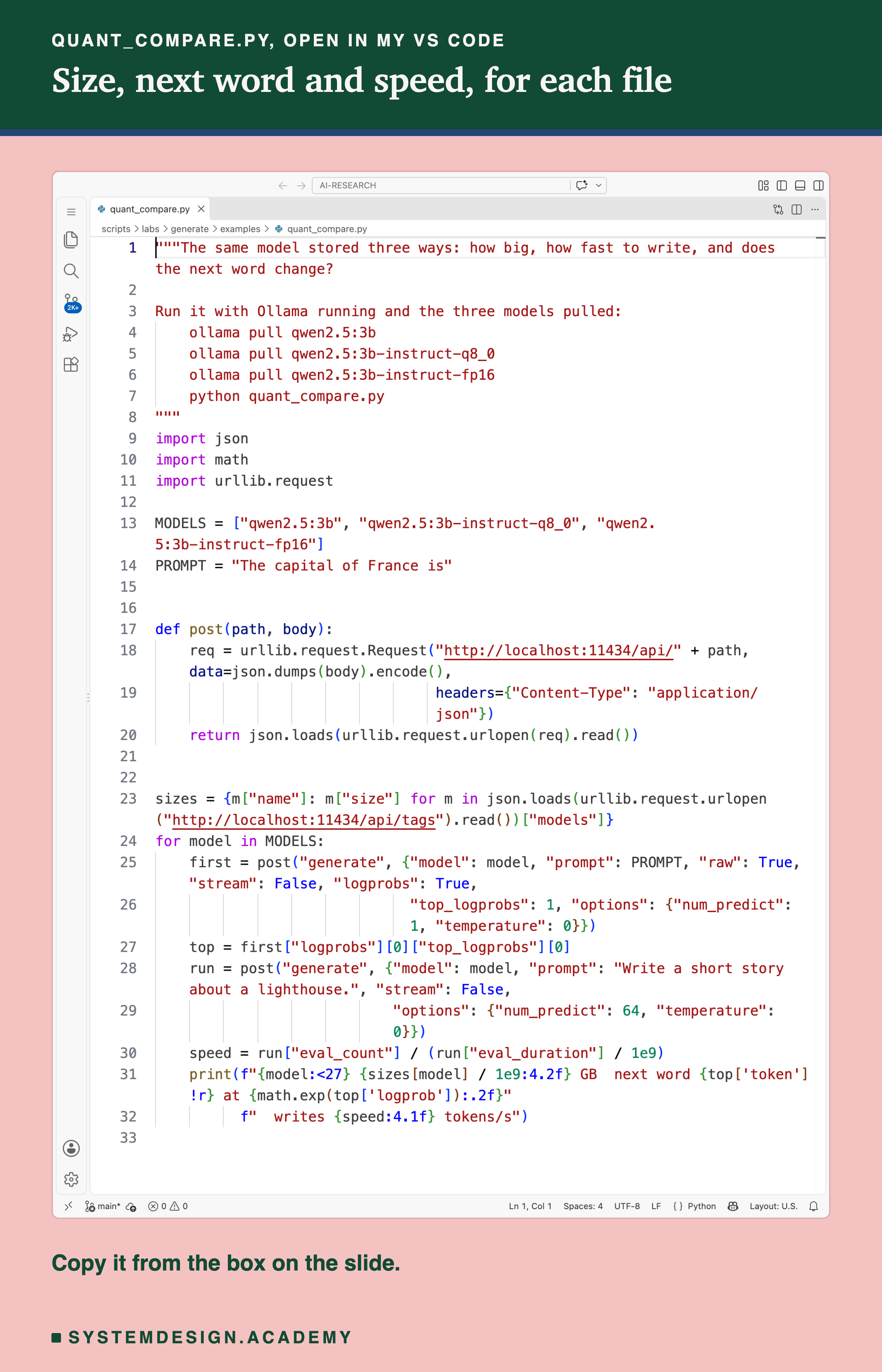 A real screenshot of VS Code with quant_compare.py open, all 33 lines. The docstring says run it after pulling the three models. It lists the three model names and the prompt The capital of France is, reads each model's file size from /api/tags, then for each model asks for one next token with its probability, asks for a 64-token short story about a lighthouse, and prints the model name, its size in GB, the next word with its probability, and its writing speed in tokens a second. Beneath: copy it from the box on the slide.