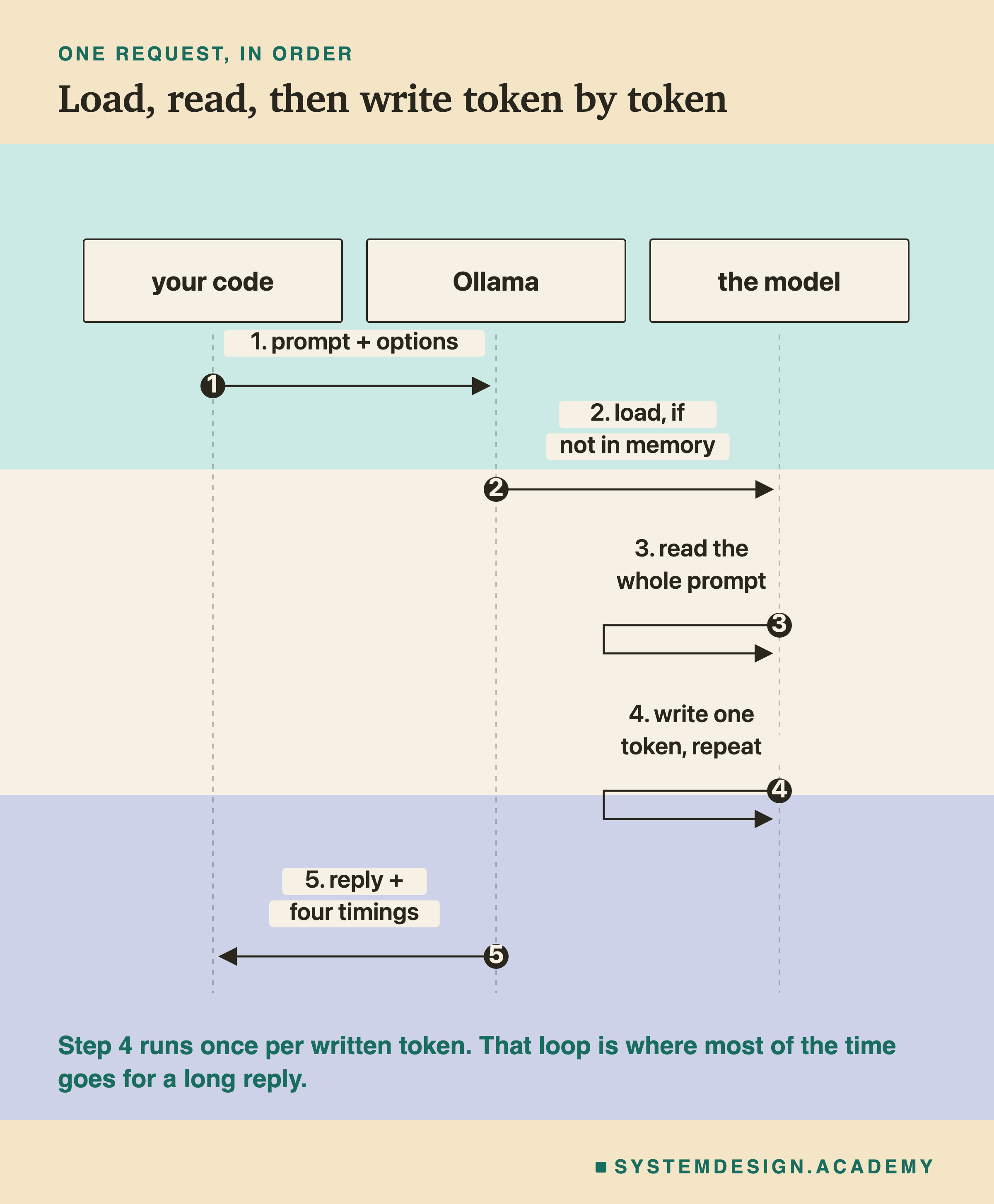 A sequence diagram with three columns: your code, Ollama and the model. Step one, your code sends the prompt and options to Ollama. Step two, Ollama loads the model if it is not in memory. Step three, the model reads the whole prompt. Step four, the model writes one token and repeats. Step five, Ollama sends the reply and the four timings back to your code. Beneath: step four runs once per written token, and that loop is where most of the time goes for a long reply.