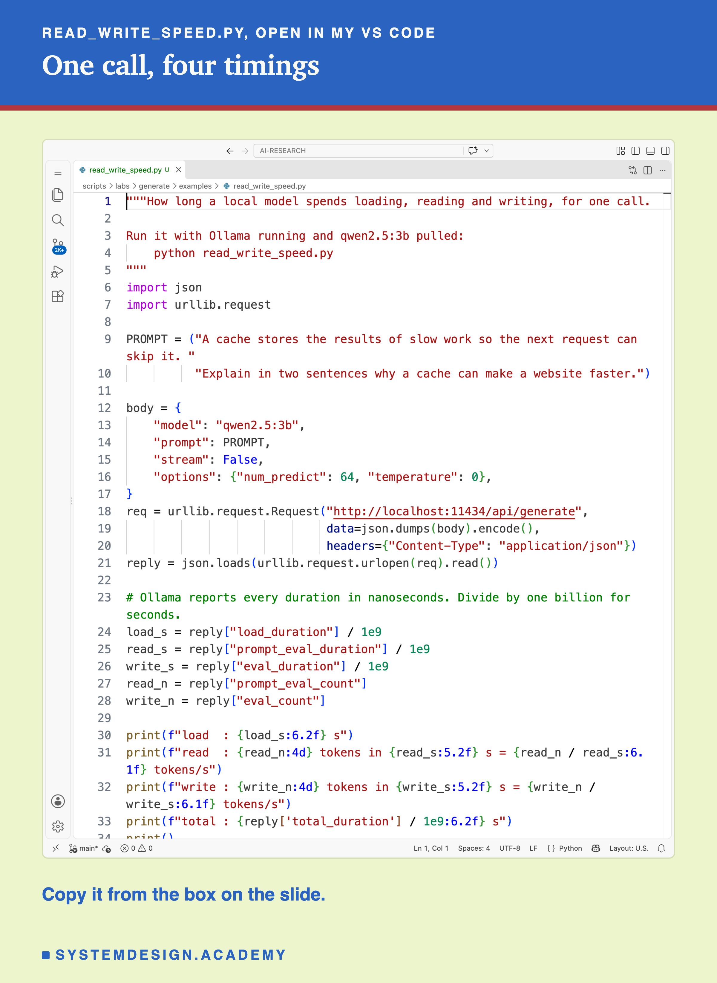 A real screenshot of VS Code with read_write_speed.py open. It sets a prompt about why a cache makes a website faster, builds a request body for qwen2.5:3b with num_predict 64 and temperature 0, sends it to localhost:11434/api/generate, divides each duration by 1e9 to get seconds, and prints load, read, write and total lines. Beneath: copy it from the box on the slide.