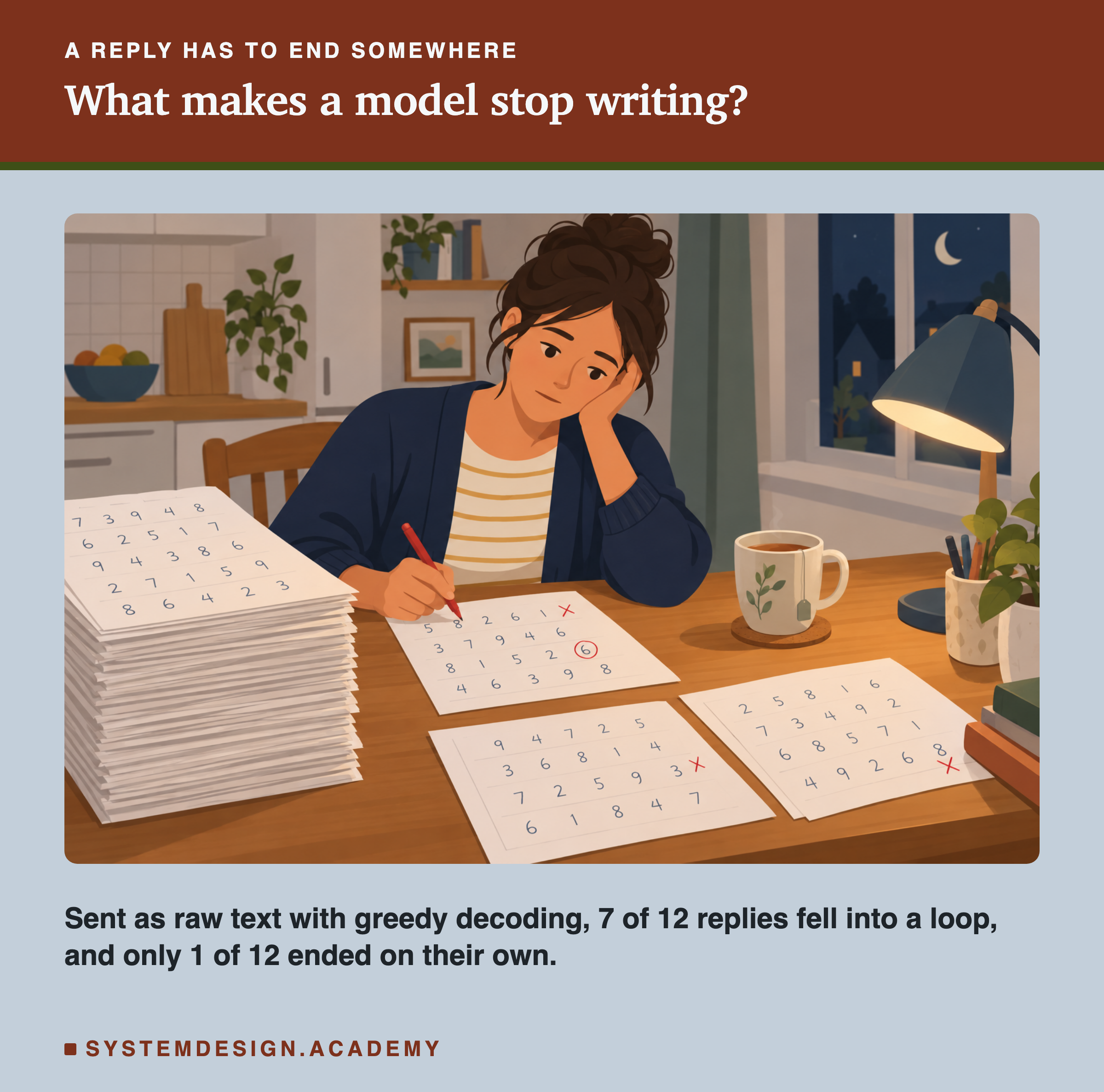 An illustration of a tired person marking a tall stack of number sheets late at night by lamplight. Under the heading what makes a model stop writing. Beneath: sent as raw text with greedy decoding, 7 of 12 replies fell into a loop, and only 1 of 12 ended on their own.