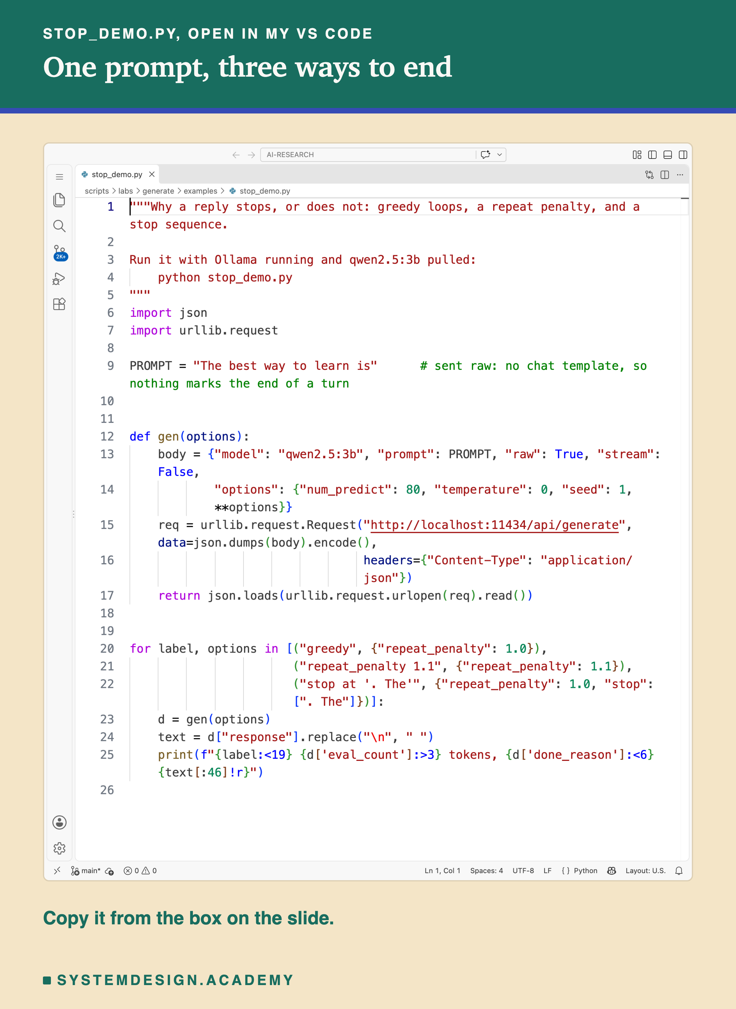 A real screenshot of VS Code with stop_demo.py open, all 25 lines. The prompt is The best way to learn is, sent raw with no chat template, and a comment says nothing marks the end of a turn. A function gen sends it to Ollama with num_predict 80, temperature 0 and seed 1, plus the options passed in. A loop runs three settings, greedy, repeat_penalty 1.1, and a stop at full stop space The, and prints each label, the tokens written, done_reason and the start of the reply. Beneath: copy it from the box on the slide.