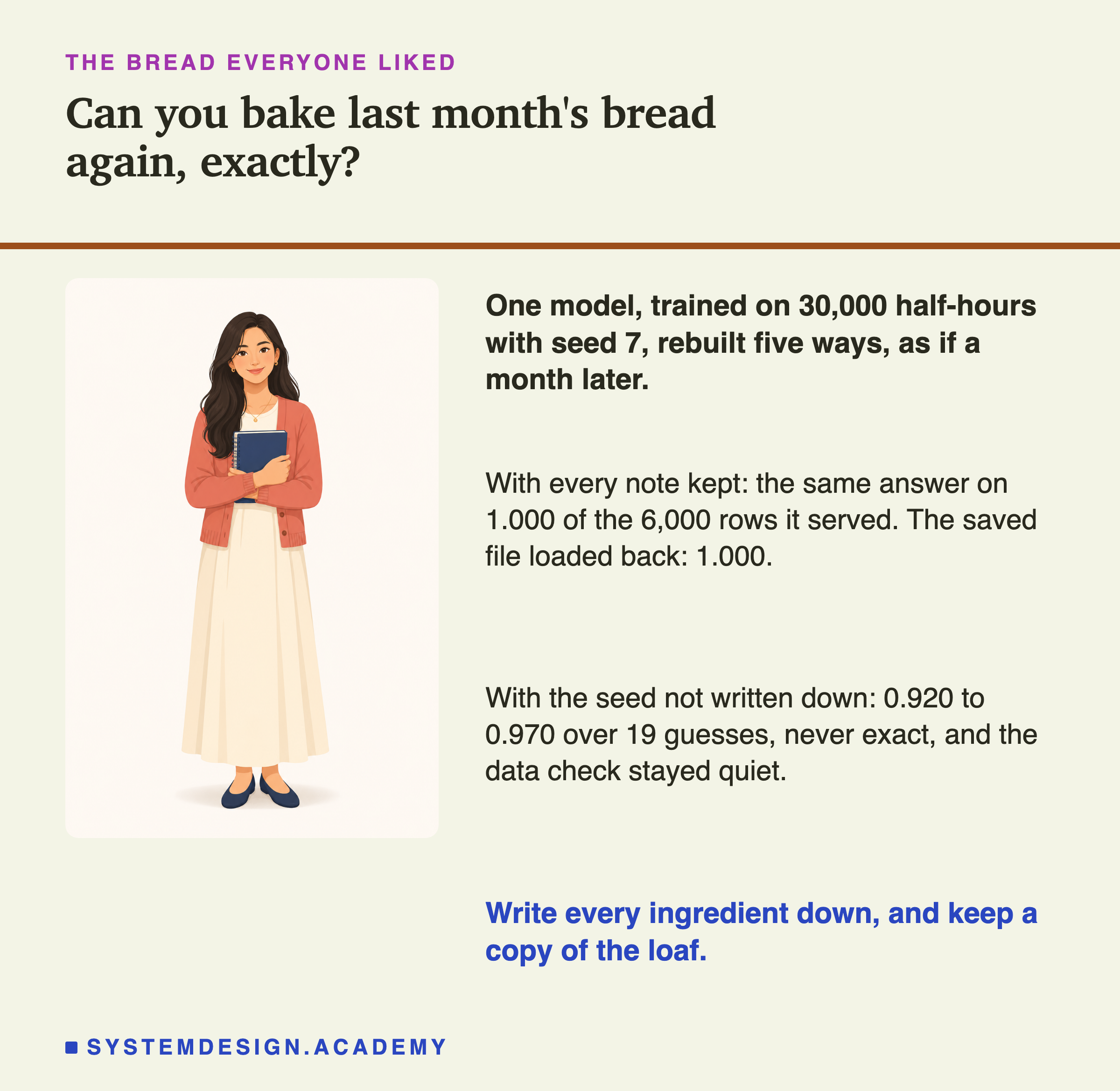 An illustration of a woman in a long skirt and cardigan, holding a notebook to her chest, next to text. Headed the bread everyone liked, titled can you bake last month's bread again, exactly? Beside her: one model, trained on 30,000 half-hours with seed 7, rebuilt five ways, as if a month later. With every note kept: the same answer on 1.000 of the 6,000 rows it served. The saved file loaded back: 1.000. With the seed not written down: 0.920 to 0.970 over 19 guesses, never exact, and the data check stayed quiet. Last: write every ingredient down, and keep a copy of the loaf.