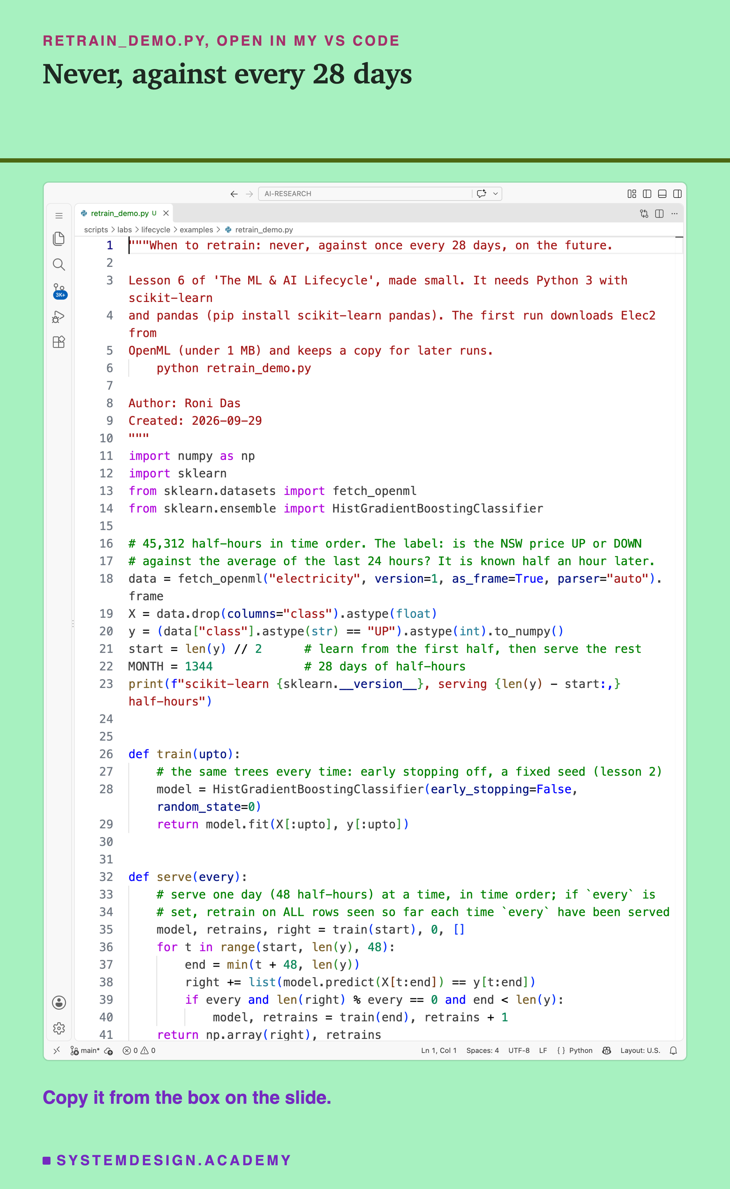 A real screenshot of VS Code with retrain_demo.py open, showing the docstring that says what the script is and how to run it, the imports, the lines that load Elec2 and turn the label into 1 for UP and 0 for DOWN, the start of serving at half the rows, MONTH set to 1,344, the version line, the train function with early stopping off and a fixed seed, and the serve function that answers one day at a time and retrains every 1,344 half-hours. Beneath: copy it from the box on the slide.