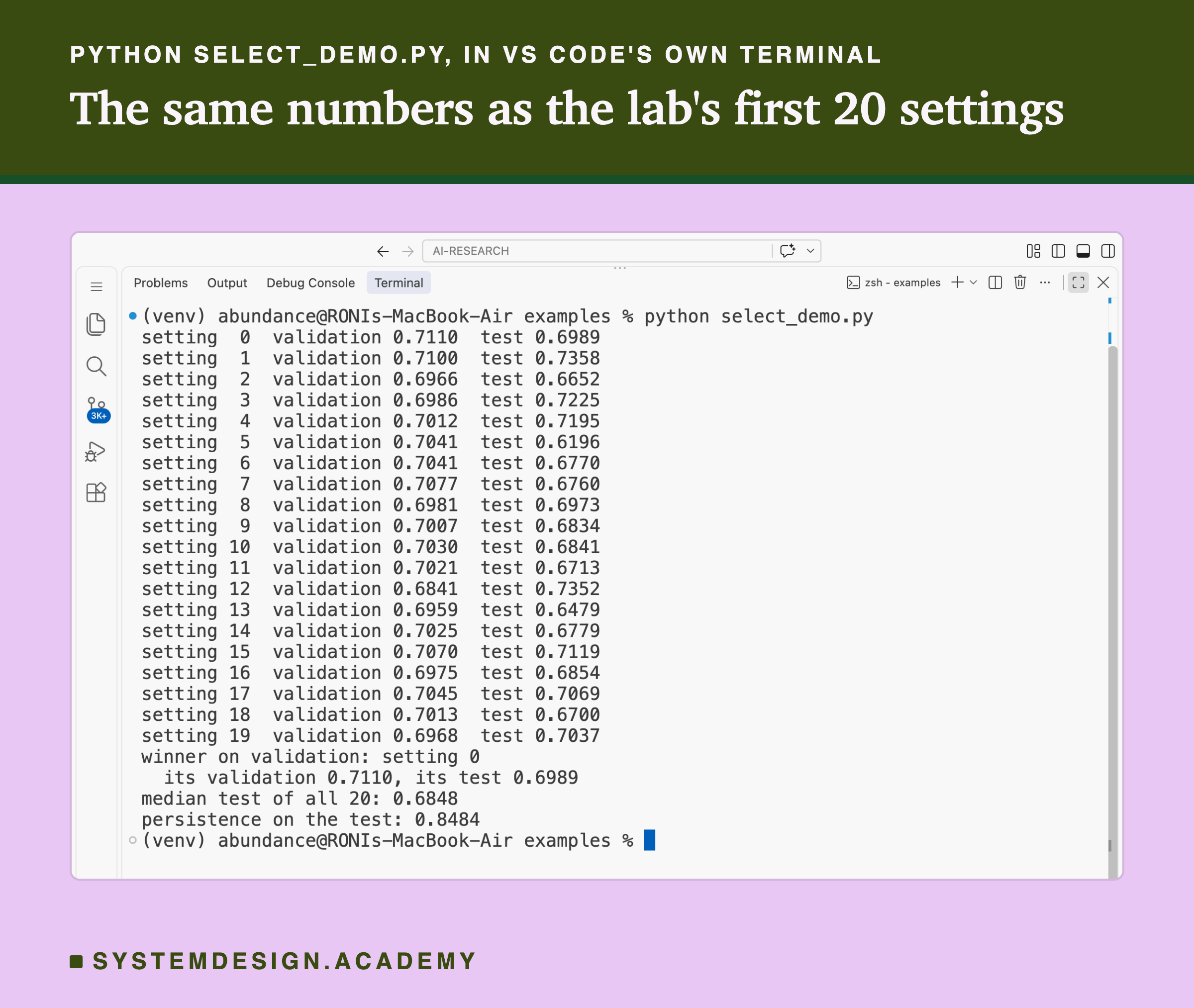 A real screenshot of VS Code's terminal after running python select_demo.py. It prints 20 lines, one per setting, with its validation and test accuracy, from setting 0, validation 0.7110, test 0.6989, to setting 19, validation 0.6968, test 0.7037. Then: winner on validation: setting 0; its validation 0.7110, its test 0.6989; median test of all 20: 0.6848; persistence on the test: 0.8484.