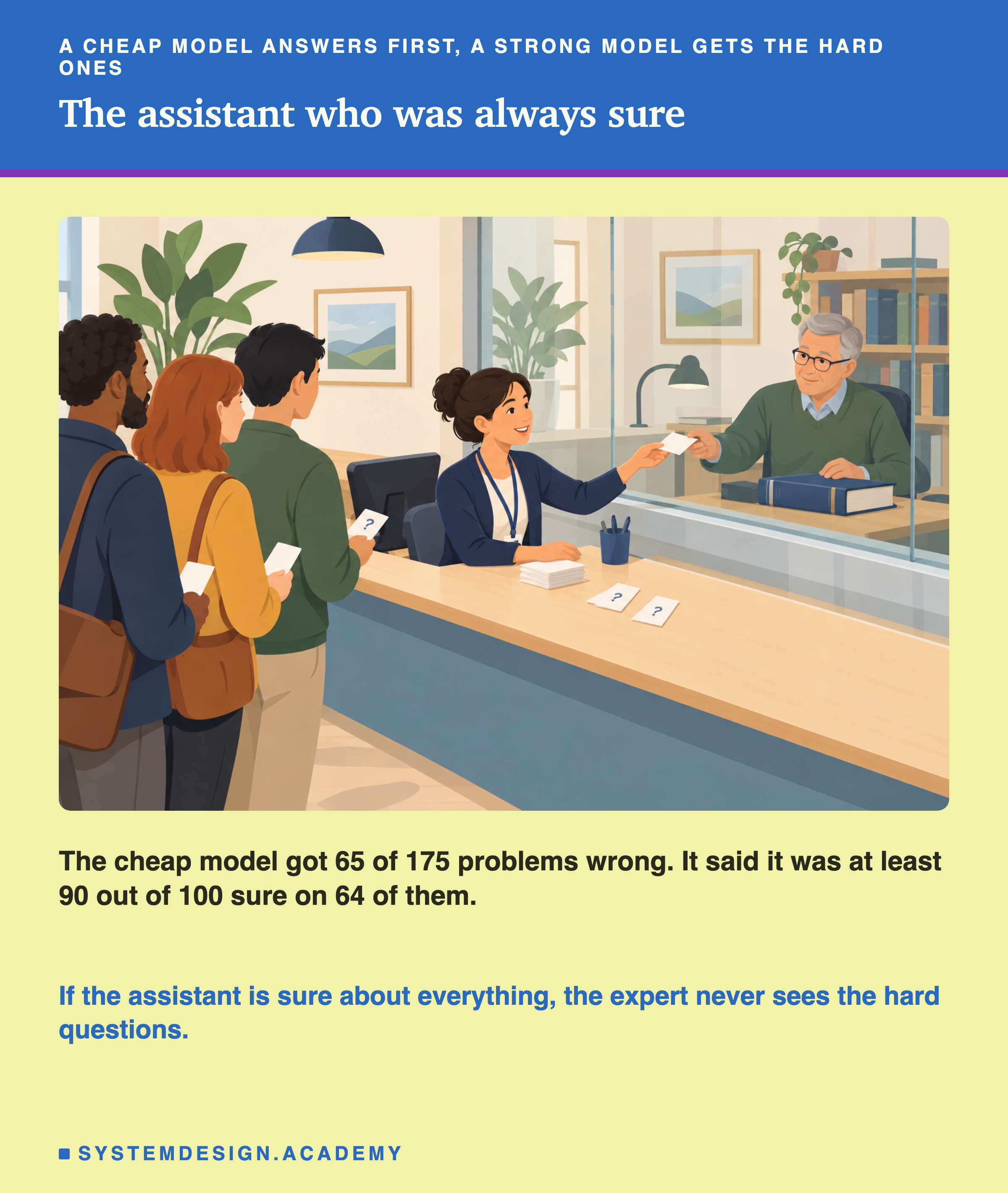 A flat illustration of a help desk. A young assistant at the front counter answers a line of people holding paper slips, and hands one slip back through a glass wall to an older expert who sits behind it with a thick book. Some slips on the counter have question marks on them. Below the scene: the cheap model got 65 of 175 problems wrong, and said it was at least 90 out of 100 sure on 64 of them. In the accent colour: if the assistant is sure about everything, the expert never sees the hard questions.