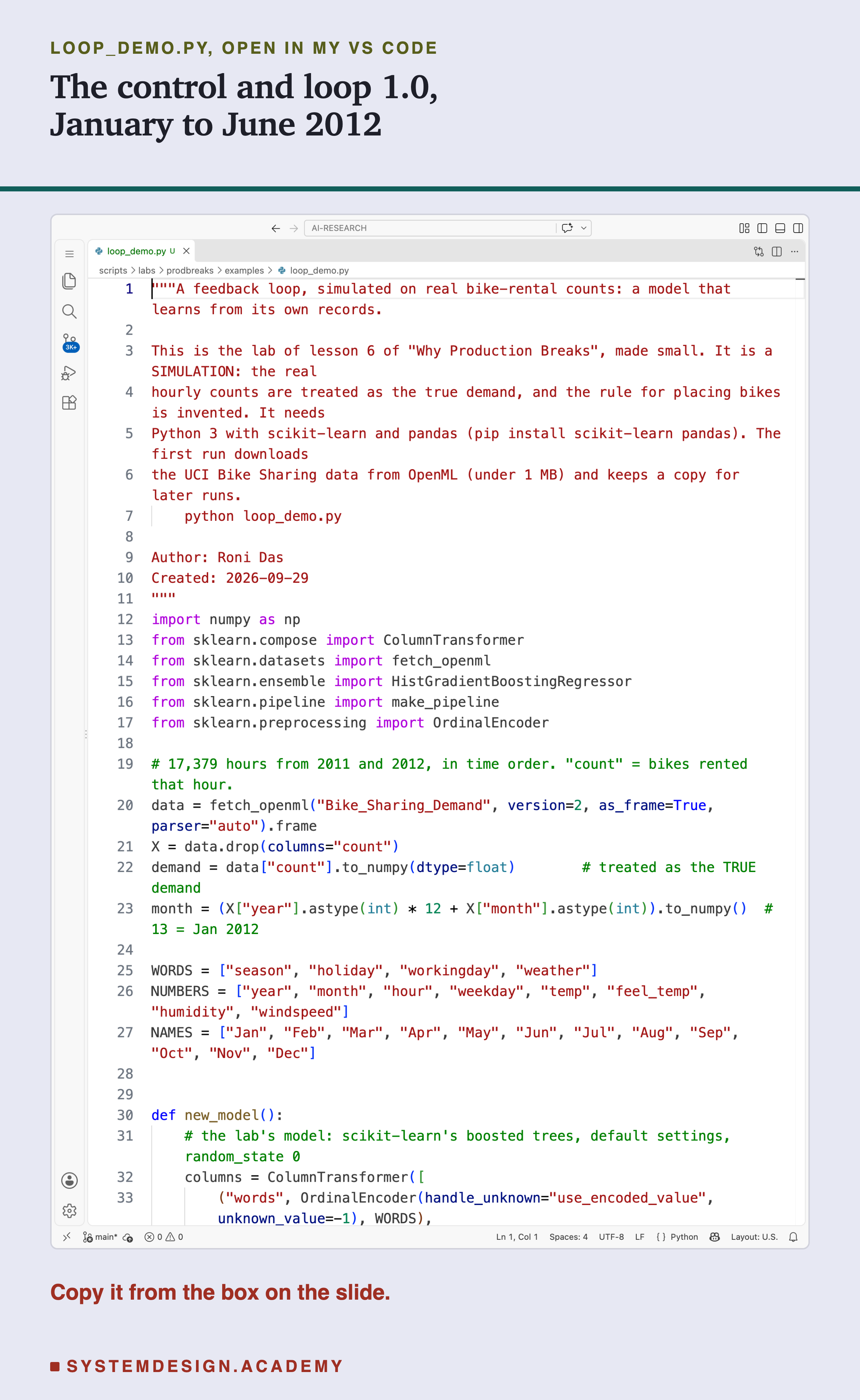 A real screenshot of VS Code with loop_demo.py open, showing the top of the file: the docstring that says it is a simulation, the imports, the code that loads the data and numbers the months, the lists of input columns and the start of the model function. The rest of the file is in the code box on this slide. Beneath: copy it from the box on the slide.