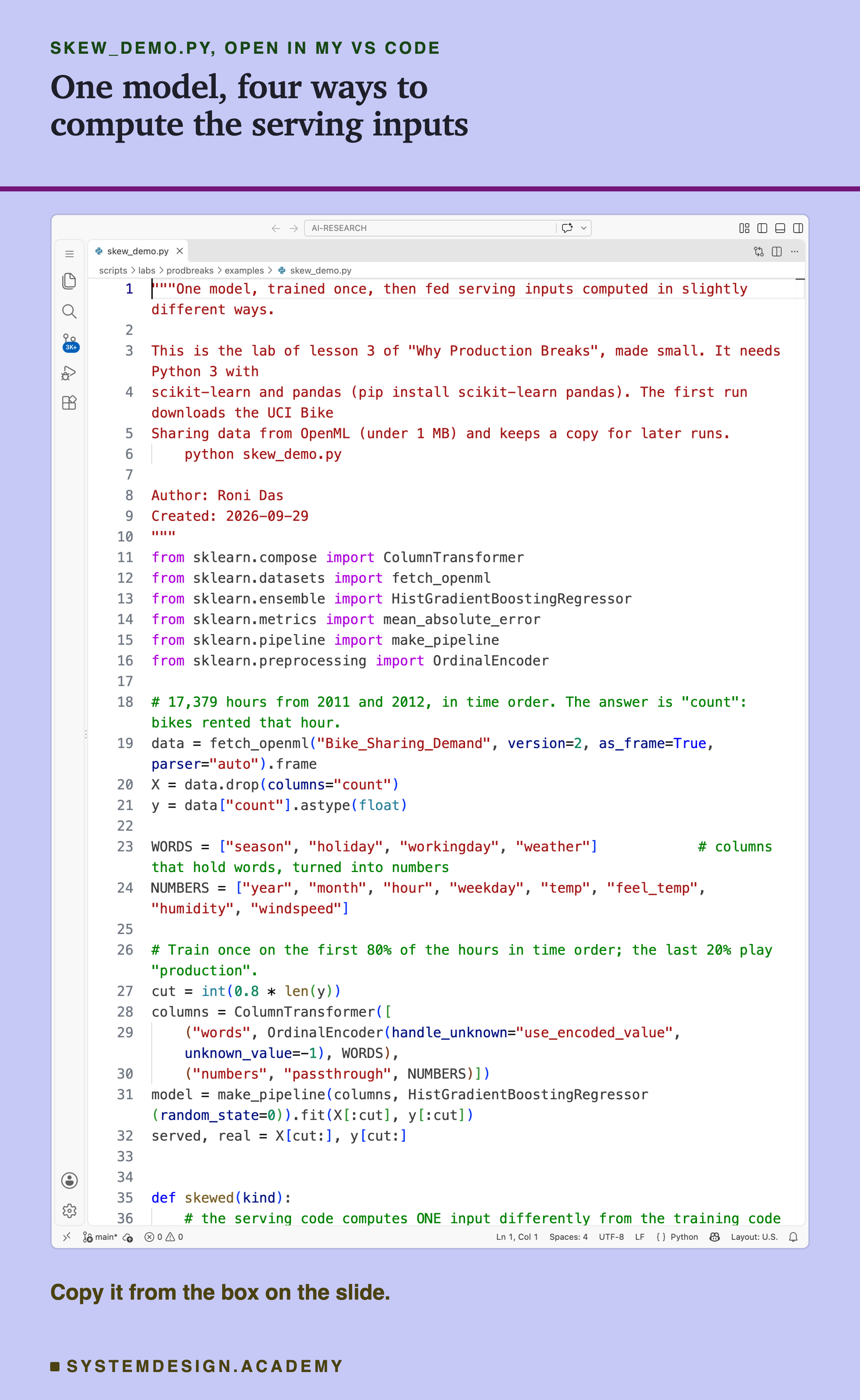 A real screenshot of VS Code with skew_demo.py open, showing the top of the file: the docstring, the imports, the code that loads the data, and the model trained once on the first 80% of the hours. The rest of the file is in the code box on this slide. Beneath: copy it from the box on the slide.