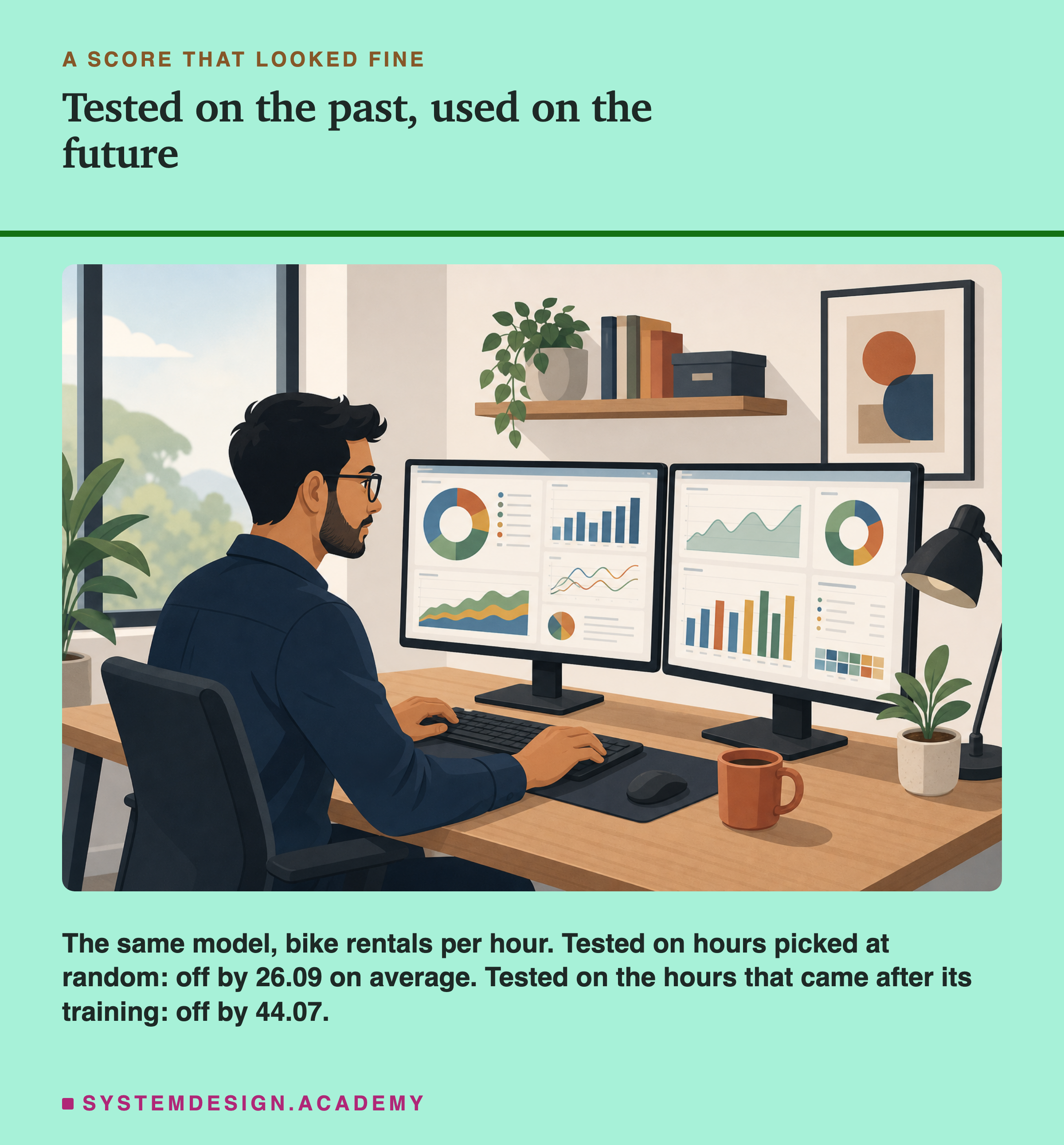 An illustration of a man at a desk, seen from behind and to the side, looking at two computer screens full of charts, with a plant, a lamp and a mug beside him. Headed a score that looked fine, titled tested on the past, used on the future. Beneath: the same model, bike rentals per hour. Tested on hours picked at random: off by 26.09 on average. Tested on the hours that came after its training: off by 44.07.