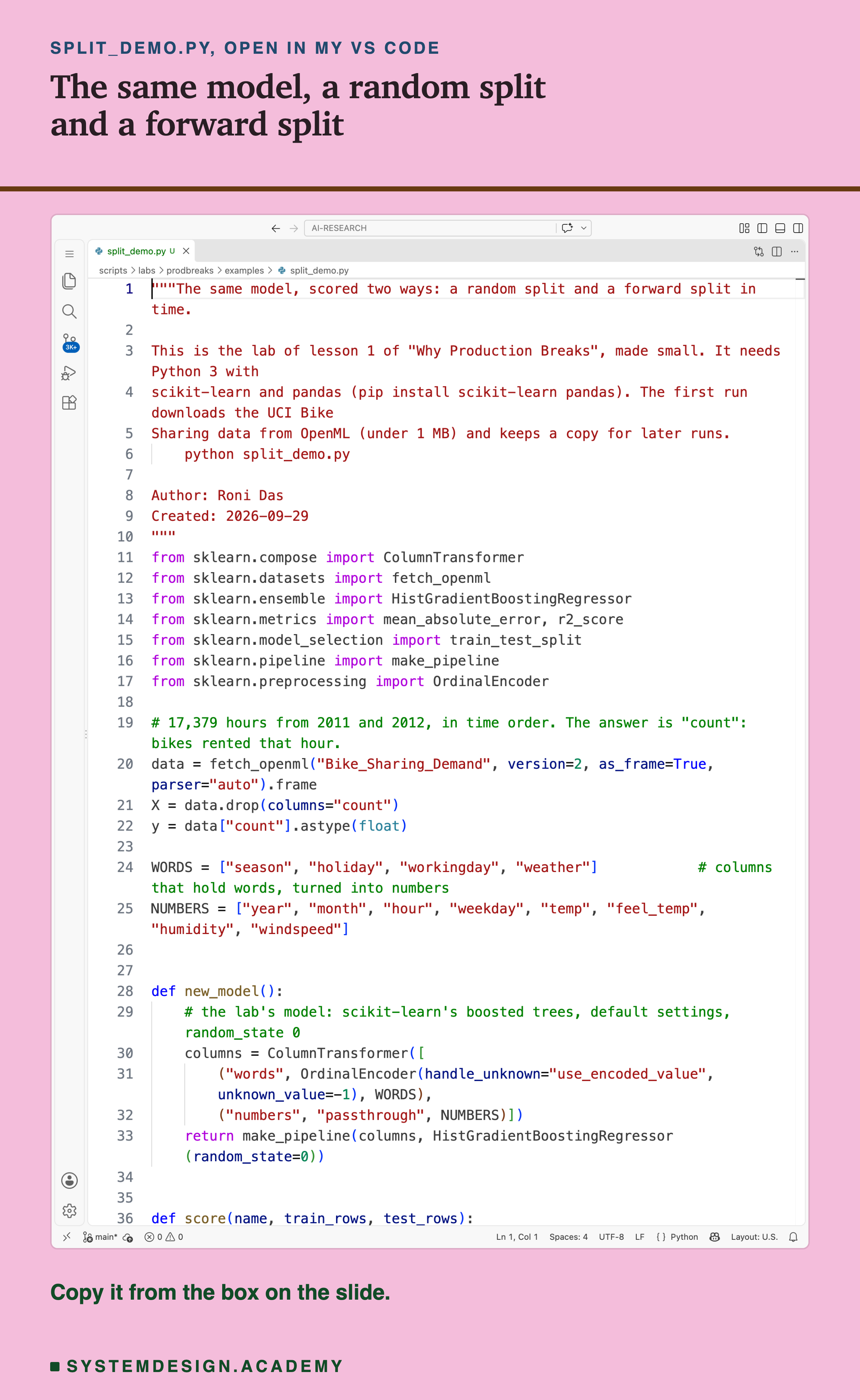 A real screenshot of VS Code with split_demo.py open, showing the docstring, the imports, the code that loads the data, the lists of input columns and the new_model function. The rest of the file is in the code box on this slide. Beneath: copy it from the box on the slide.