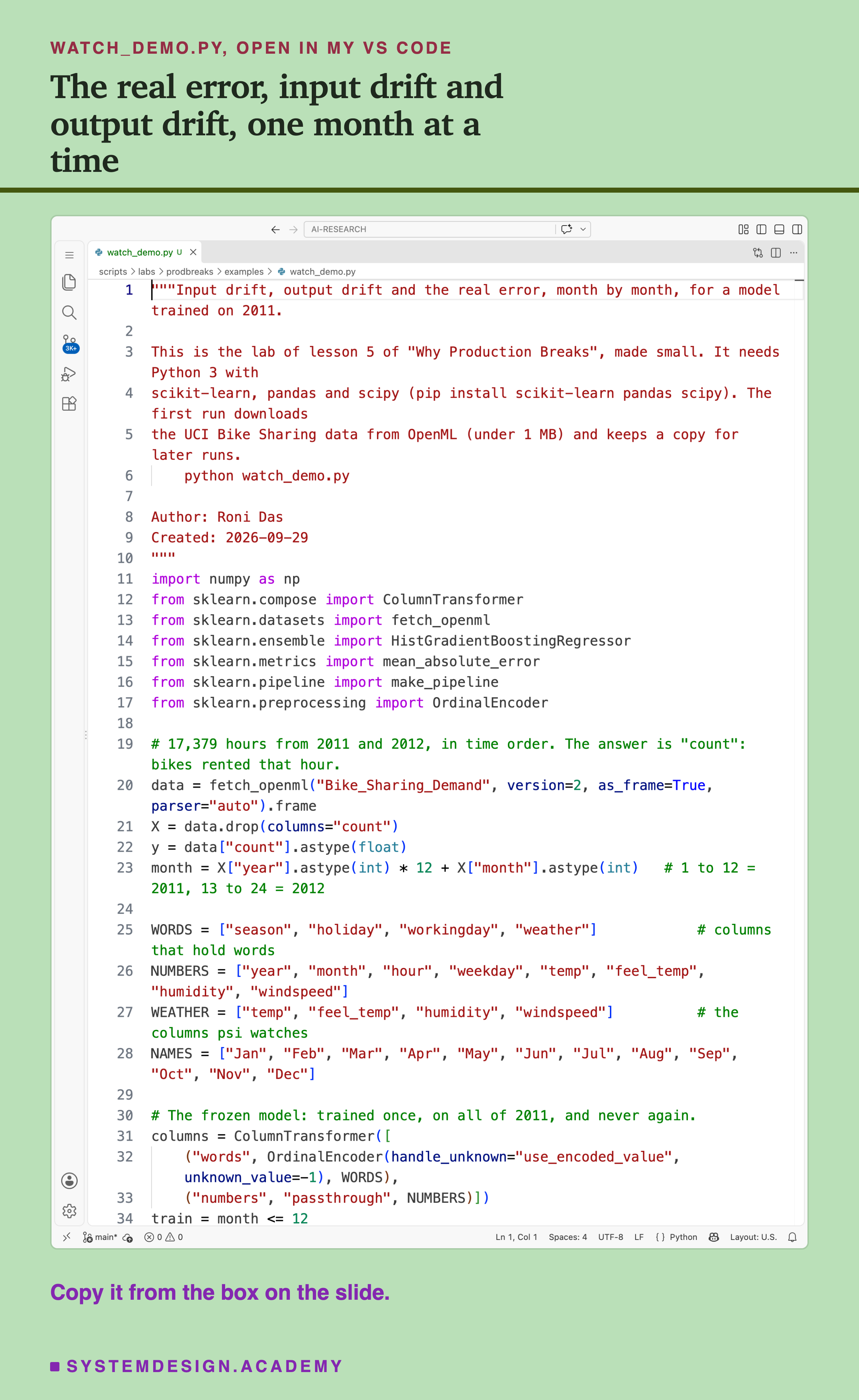 A real screenshot of VS Code with watch_demo.py open, showing the top of the file: the docstring, the imports, the code that loads the data and numbers the months, the lists of input columns and the start of the frozen model. The rest of the file is in the code box on this slide. Beneath: copy it from the box on the slide.