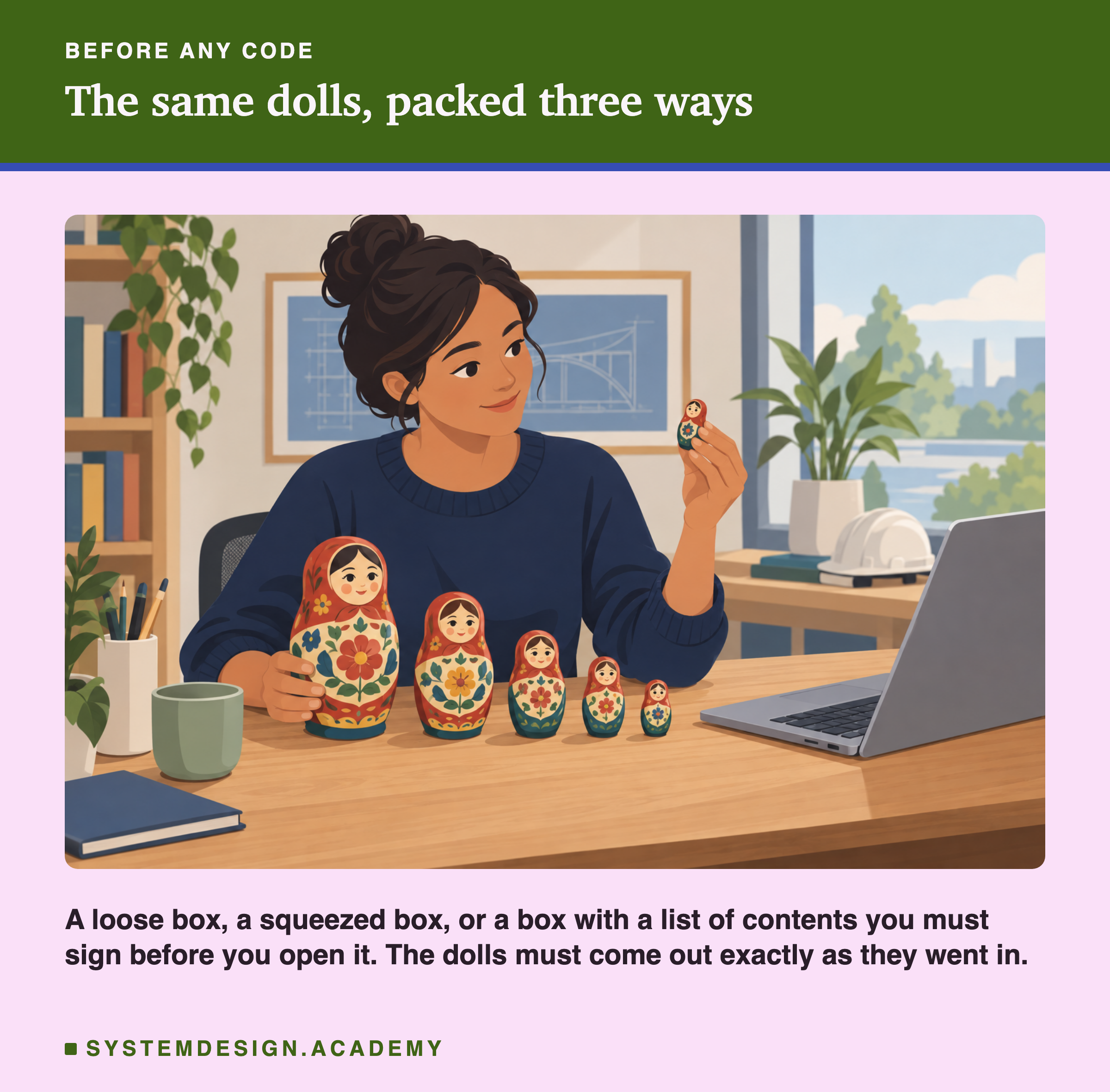 A flat illustration of a woman at a desk lining up five painted nesting dolls from large to small, holding the smallest one up to look at it, a laptop beside her. Below the scene: a loose box, a squeezed box, or a box with a list of contents you must sign before you open it; the dolls must come out exactly as they went in.
