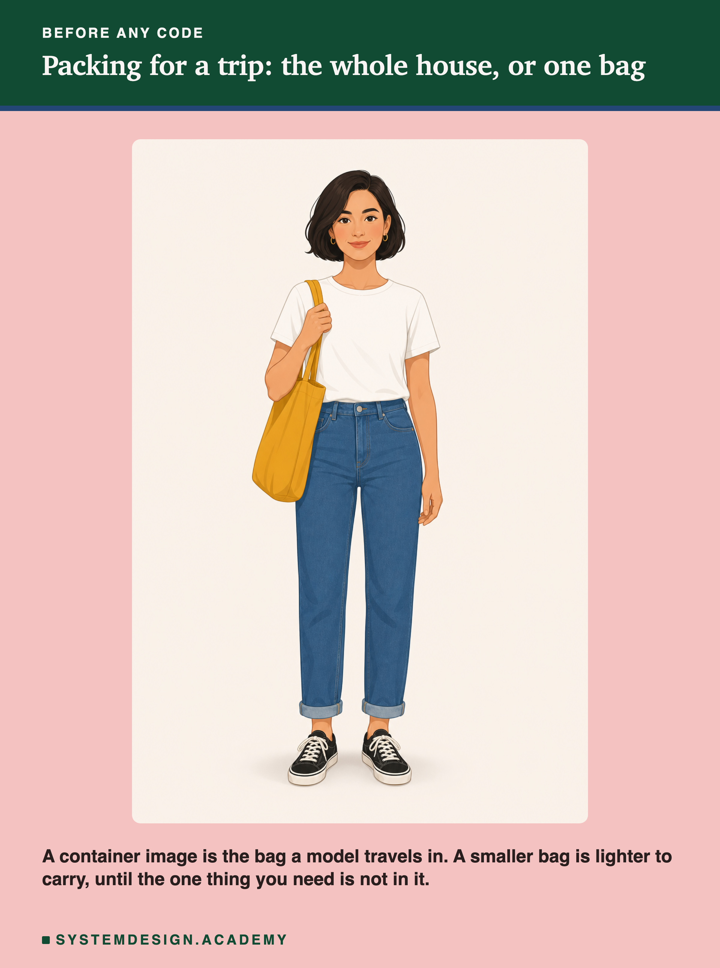 A flat illustration of a woman standing in a light room with a large tote bag over one shoulder. Below the picture: a container image is the bag a model travels in. A smaller bag is lighter to carry, until the one thing you need is not in it.