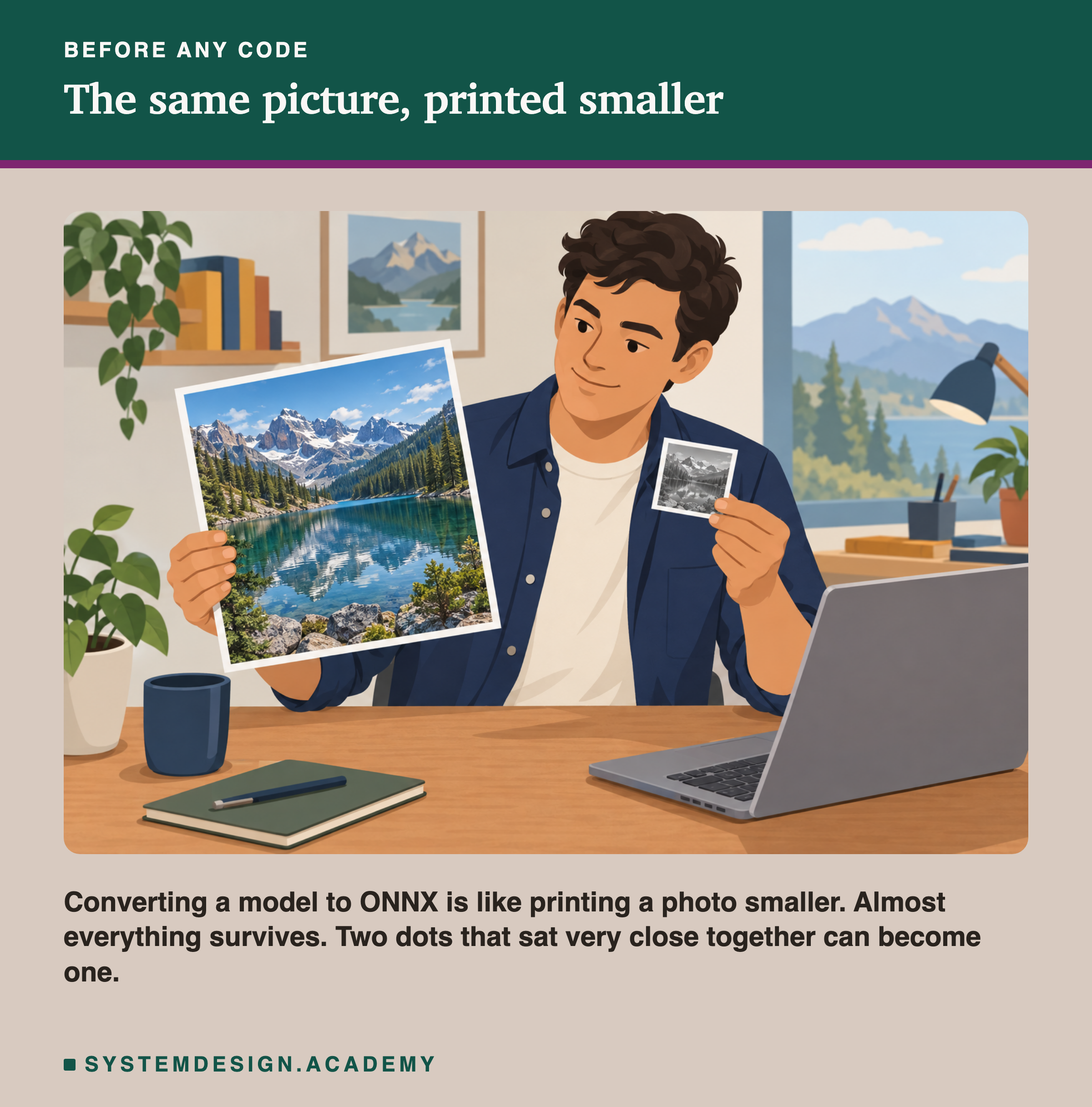 A flat illustration of a man at a desk holding a large photo of a mountain lake in one hand and a small print of the same photo in the other, comparing them. Below the picture: converting a model to ONNX is like printing a photo smaller; almost everything survives, and two dots that sat very close together can become one.