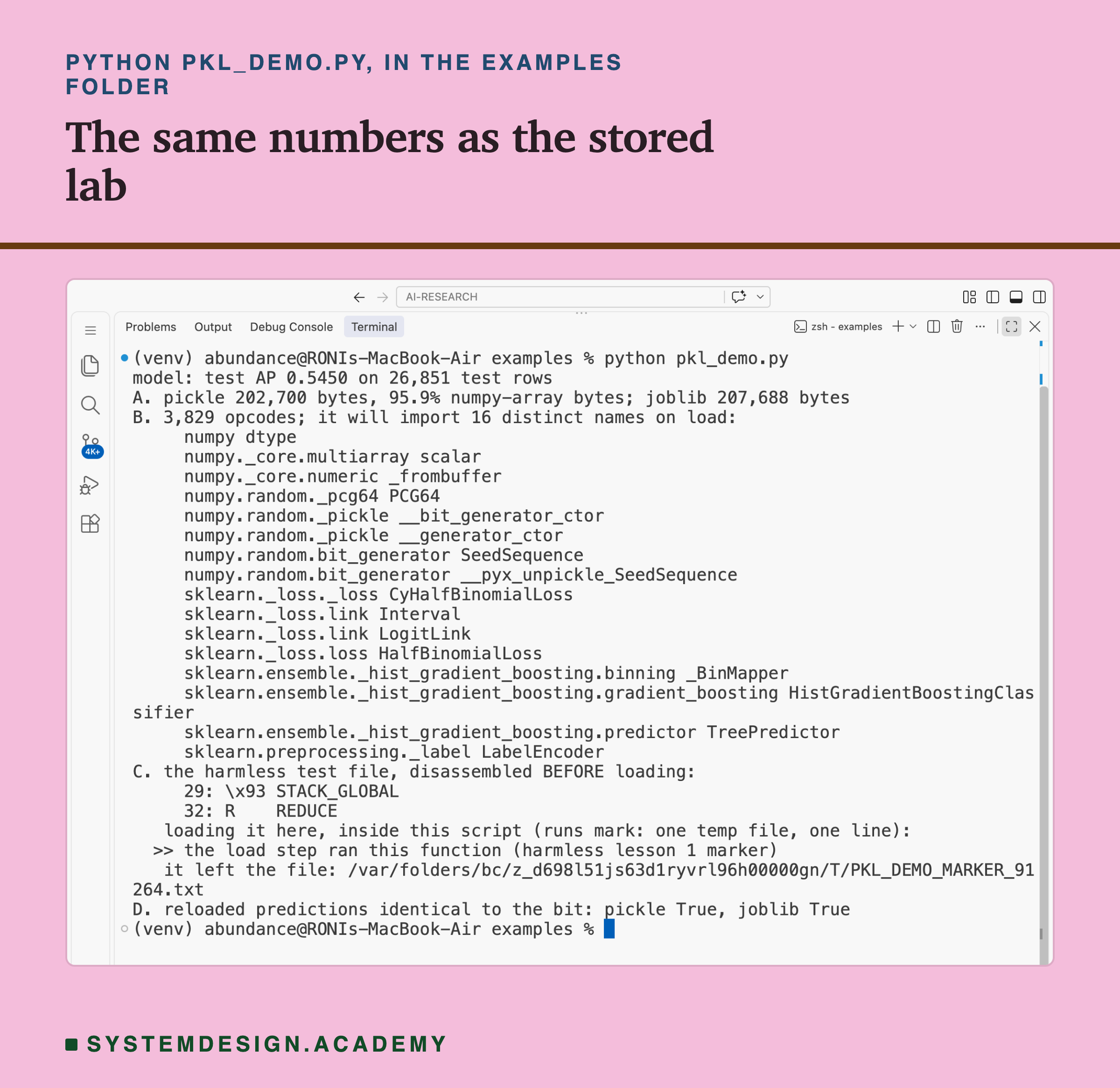 A real screenshot of VS Code's terminal after running python pkl_demo.py inside the examples folder. It prints the model's test AP 0.5450, the pickle and joblib sizes with the array percentage, the opcode count and all 16 imported names, then the harmless test file disassembled to show its STACK_GLOBAL and REDUCE, then the line it printed when loaded inside the script, and that the reloaded predictions match to the bit.