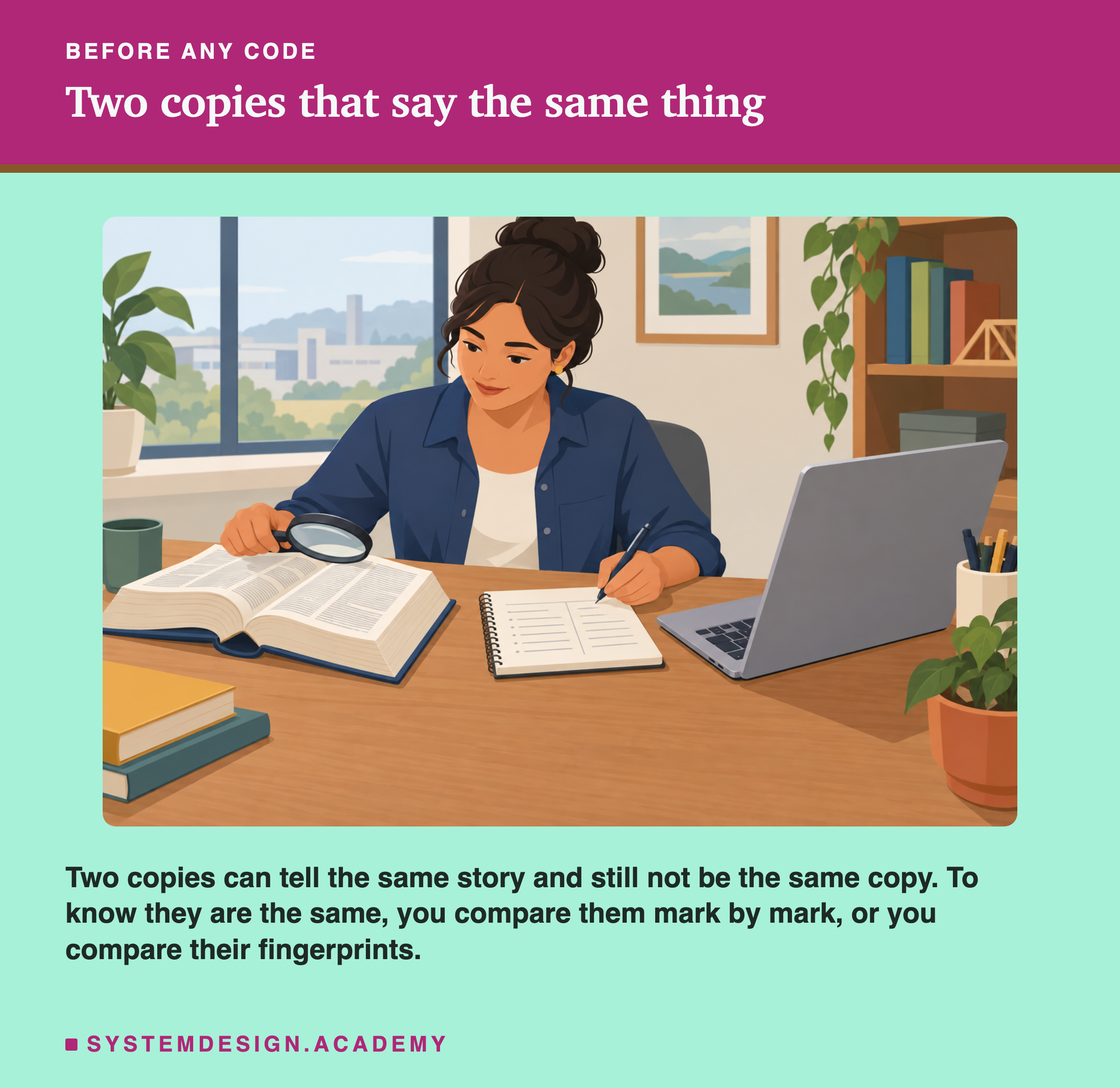 A flat illustration of a woman at a wooden desk holding a magnifying glass over an open book while she writes notes in a small notebook, a laptop beside her and plants on the shelves. Below the picture: two copies can tell the same story and still not be the same copy; to know they are the same, you compare them mark by mark, or you compare their fingerprints.