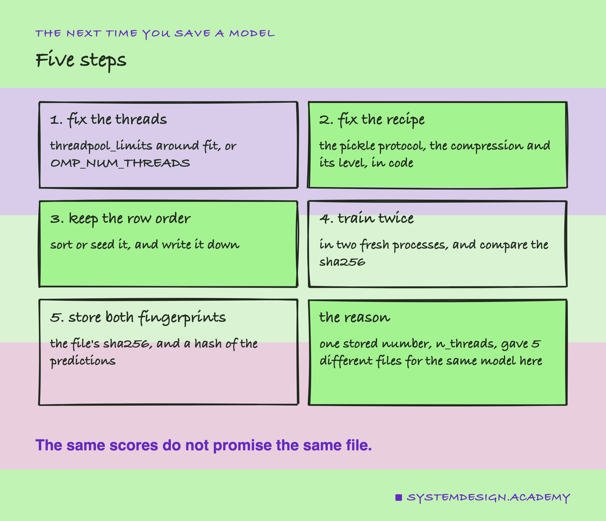 A hand-drawn grid of six cards, titled five steps. 1, fix the threads: threadpool_limits around fit, or OMP_NUM_THREADS. 2, fix the recipe: the pickle protocol, the compression and its level, in code. 3, keep the row order: sort or seed it, and write it down. 4, train twice: in two fresh processes, and compare the sha256. 5, store both fingerprints: the file's sha256, and a hash of the predictions. The reason: one stored number, n_threads, gave 5 different files for the same model here. Caption: the same scores do not promise the same file.