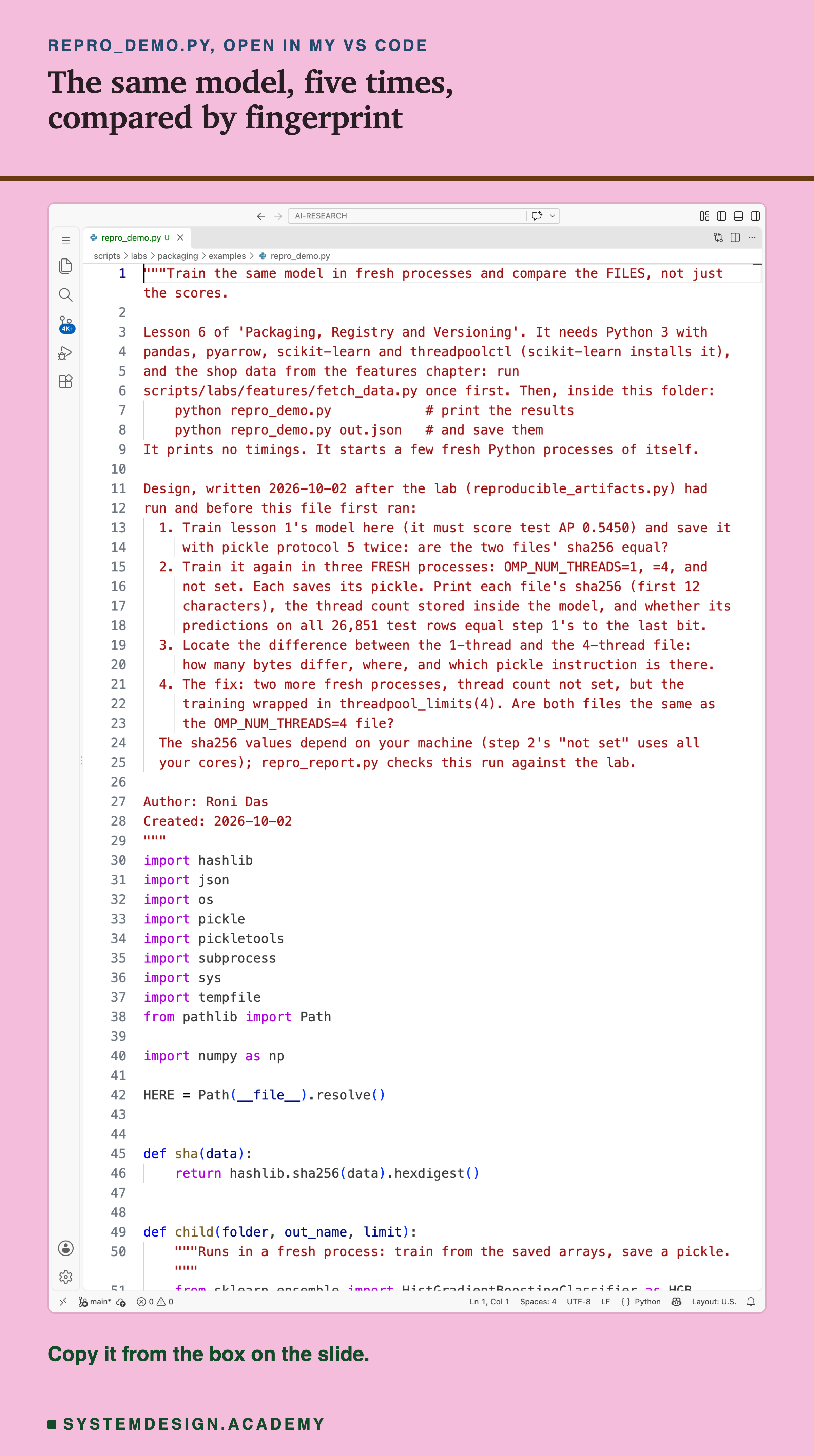 A real screenshot of VS Code with repro_demo.py open at the top of the file, showing its docstring: what it needs, how to run it, and the design written before it first ran.