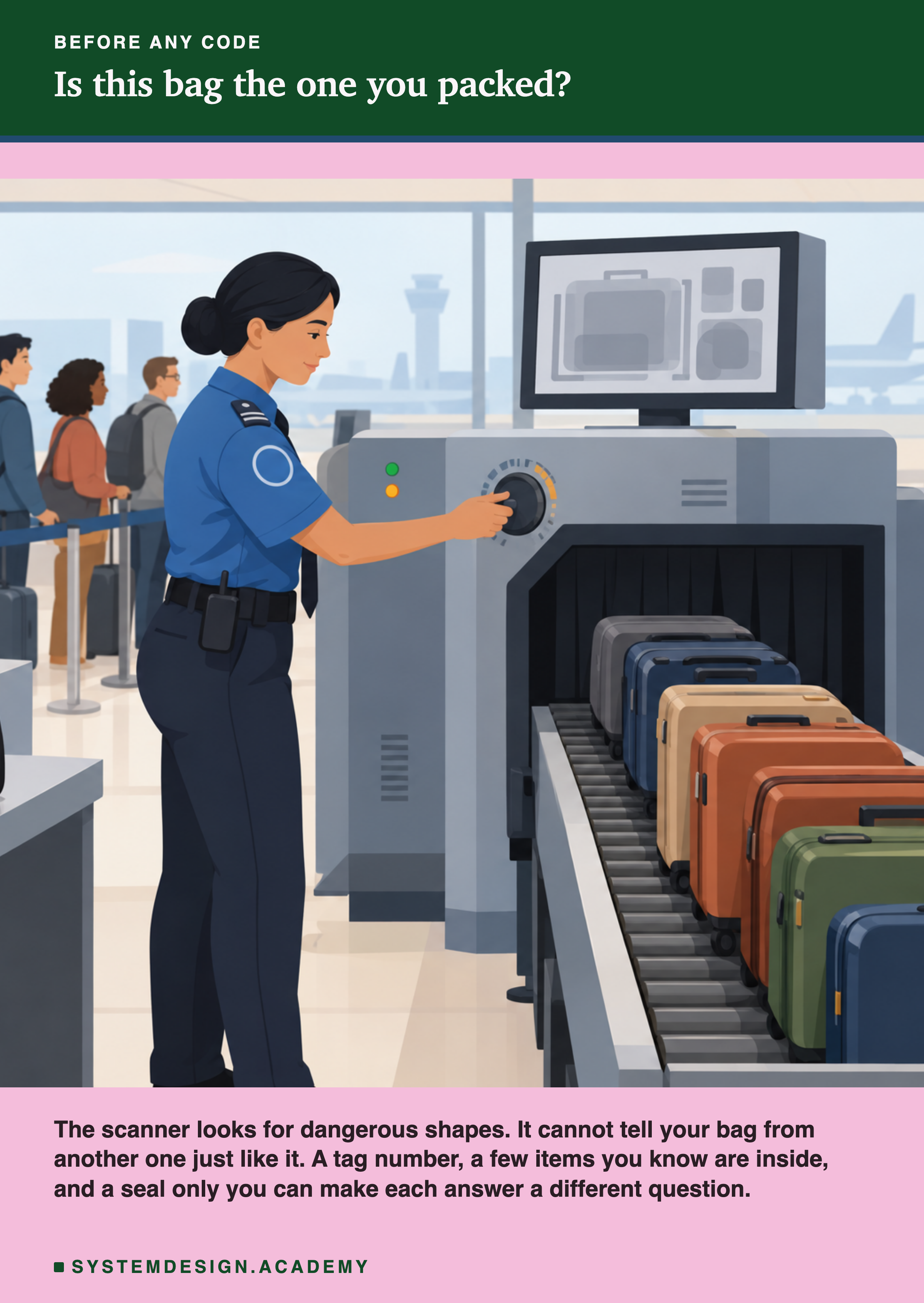A flat illustration of an airport security officer turning a dial on a baggage scanner, with suitcases on the belt and travellers waiting behind a rope. Below the picture: the scanner looks for dangerous shapes and cannot tell your bag from another one just like it; a tag number, a few items you know are inside, and a seal only you can make each answer a different question.