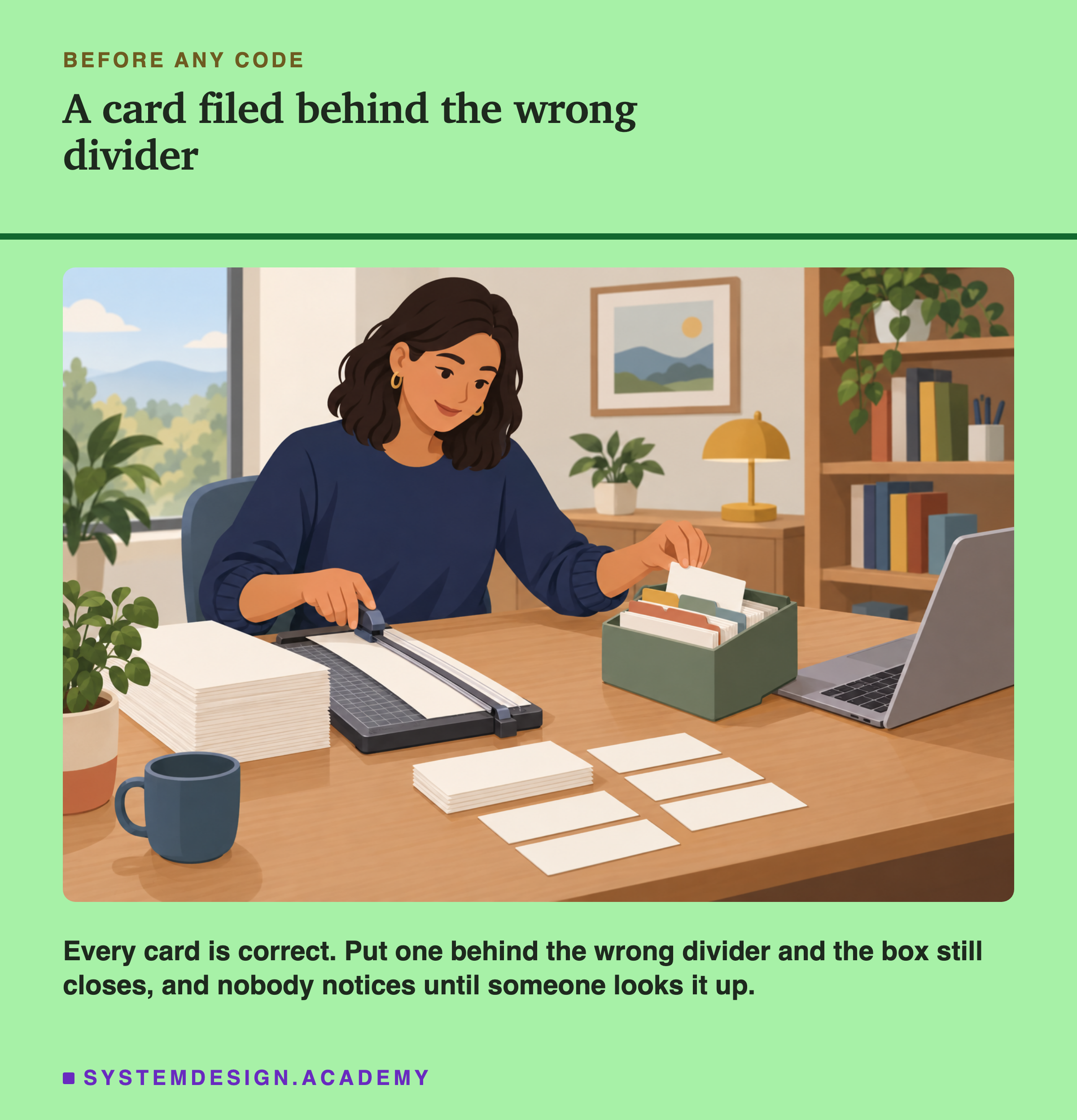 A flat illustration of a woman at a wooden desk, filing white cards into a small box with dividers, with a stack of blank cards and a paper cutter beside her. Below the picture: every card is correct; put one behind the wrong divider and the box still closes, and nobody notices until someone looks it up.