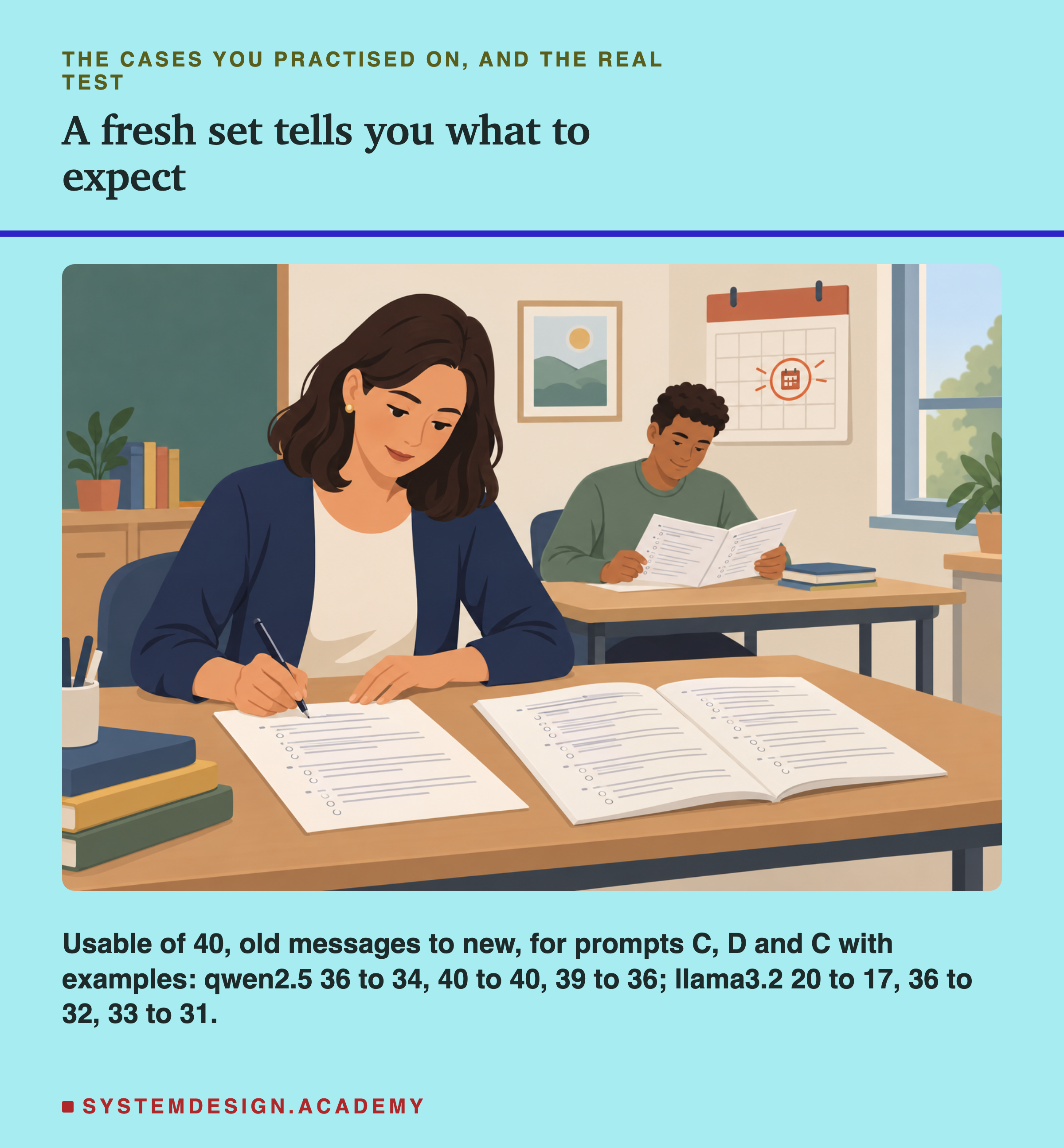 An illustration of a classroom: in front, a woman at a desk writes on a sheet with rows of answer circles, an open booklet beside her, a pile of books at her elbow; behind her, a young man at another desk reads a printed paper; a calendar on the wall has one day circled. Under the heading the cases you practised on, and the real test, titled a fresh set tells you what to expect. Beneath: usable of 40, old messages to new, for prompts C, D and C with examples: qwen2.5 36 to 34, 40 to 40, 39 to 36; llama3.2 20 to 17, 36 to 32, 33 to 31.