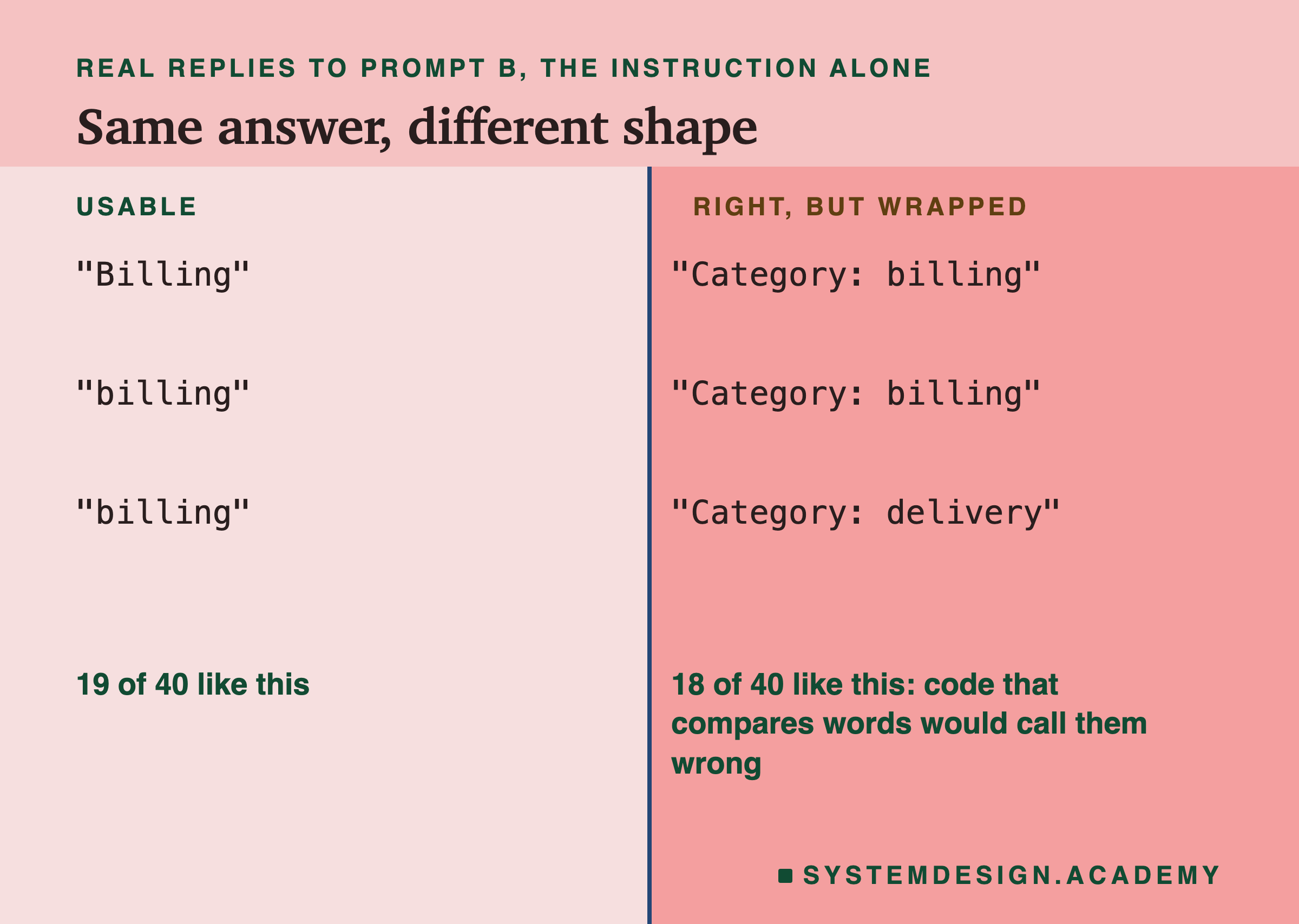 A two-column page headed real replies to prompt B, the instruction alone, titled same answer, different shape. Left, usable: "Billing", "billing", "billing"; 19 of 40 like this. Right, right, but wrapped: "Category: billing", "Category: billing", "Category: delivery"; 18 of 40 like this, code that compares words would call them wrong.