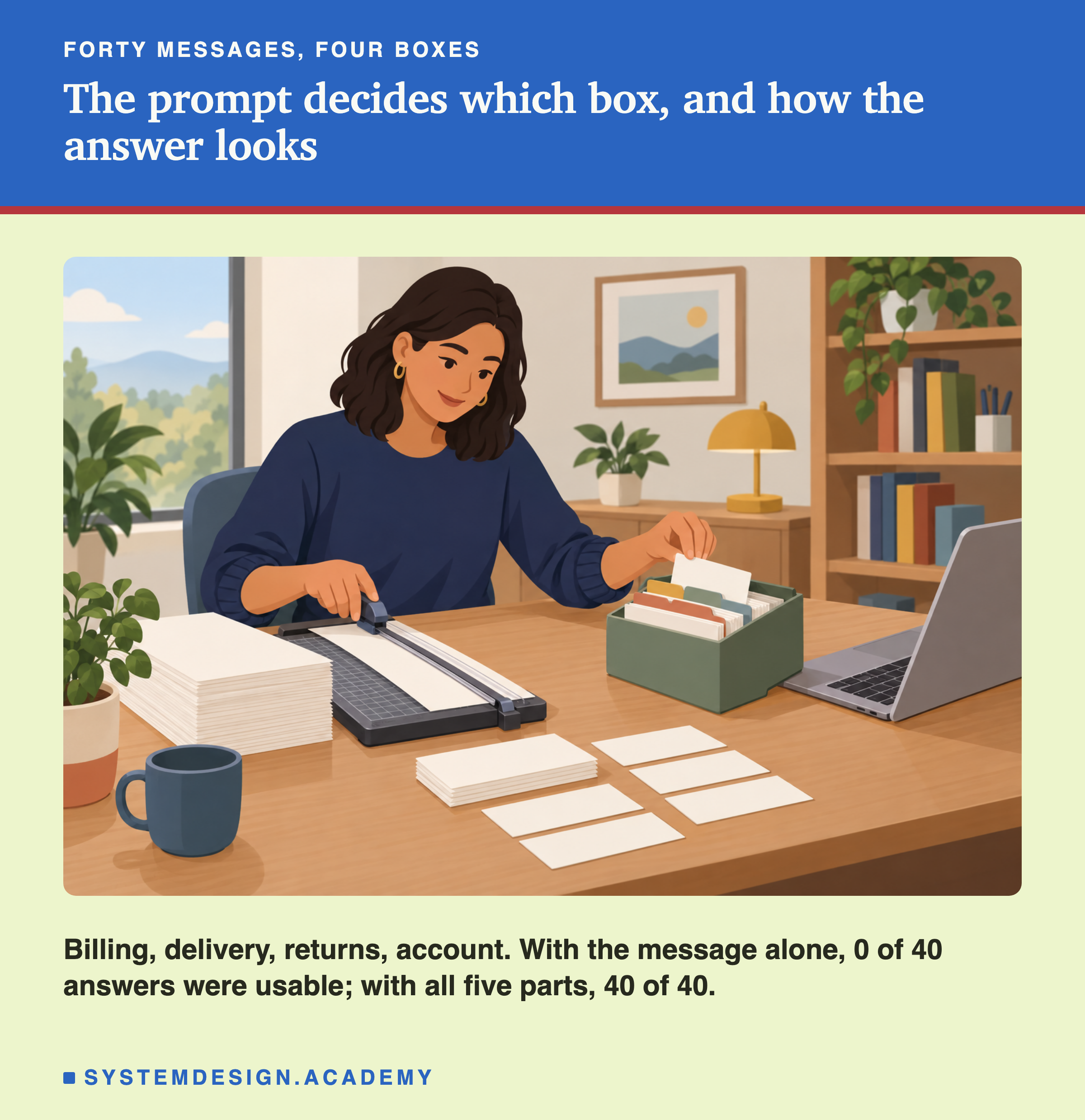 An illustration of a woman at a desk sorting cut paper cards into a box with coloured dividers, a laptop beside her. Under the heading the prompt decides which box, and how the answer looks. Beneath: billing, delivery, returns, account. With the message alone, 0 of 40 answers were usable; with all five parts, 40 of 40.