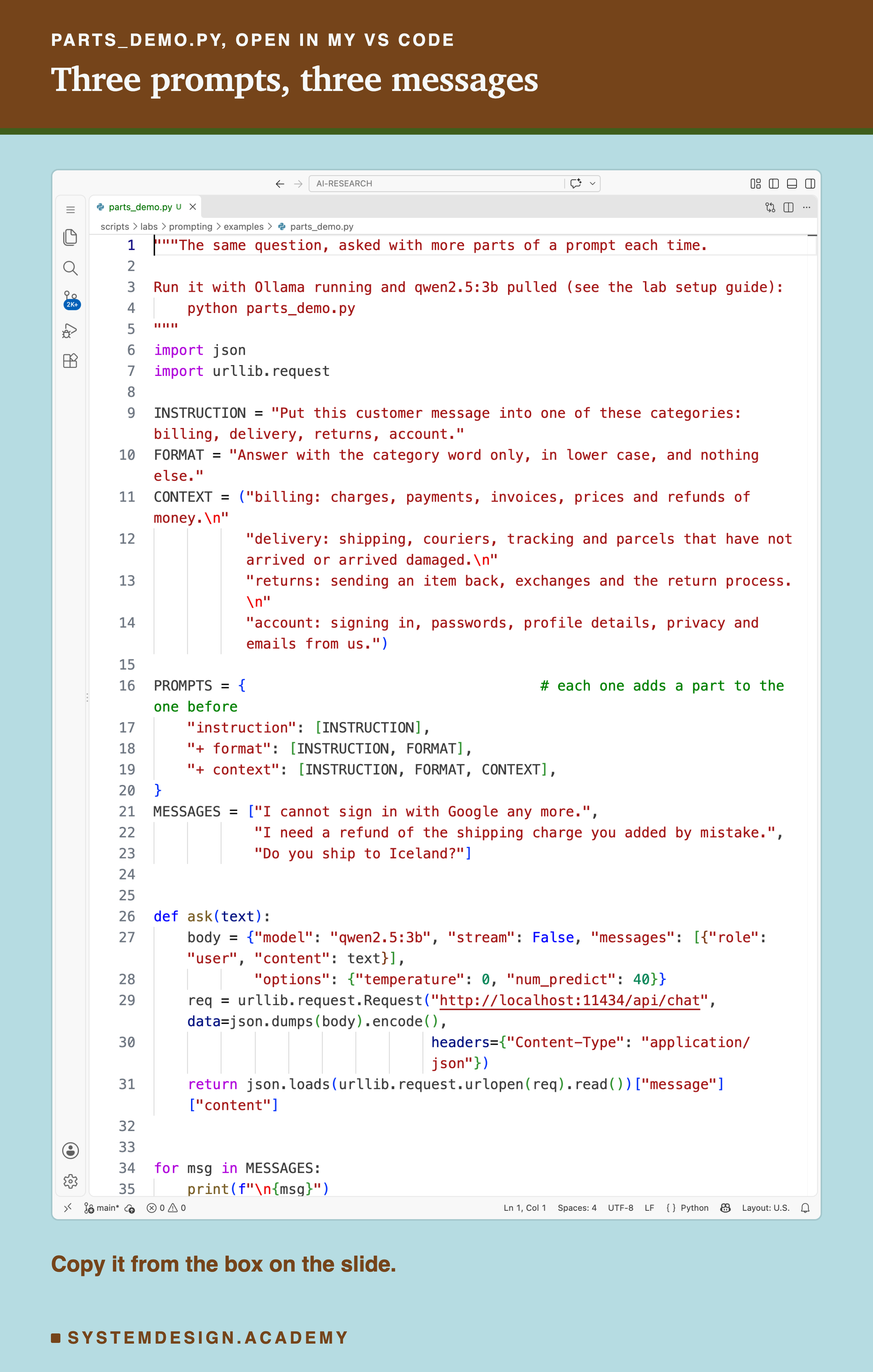 A real screenshot of VS Code with parts_demo.py open, lines 1 to 35 visible. It defines INSTRUCTION, FORMAT and CONTEXT as strings, a PROMPTS dictionary where each prompt adds a part to the one before, three messages about signing in with Google, a refund of a shipping charge and shipping to Iceland, and a function ask that sends a text to Ollama's chat endpoint with temperature 0 and up to 40 tokens. Beneath: copy it from the box on the slide.