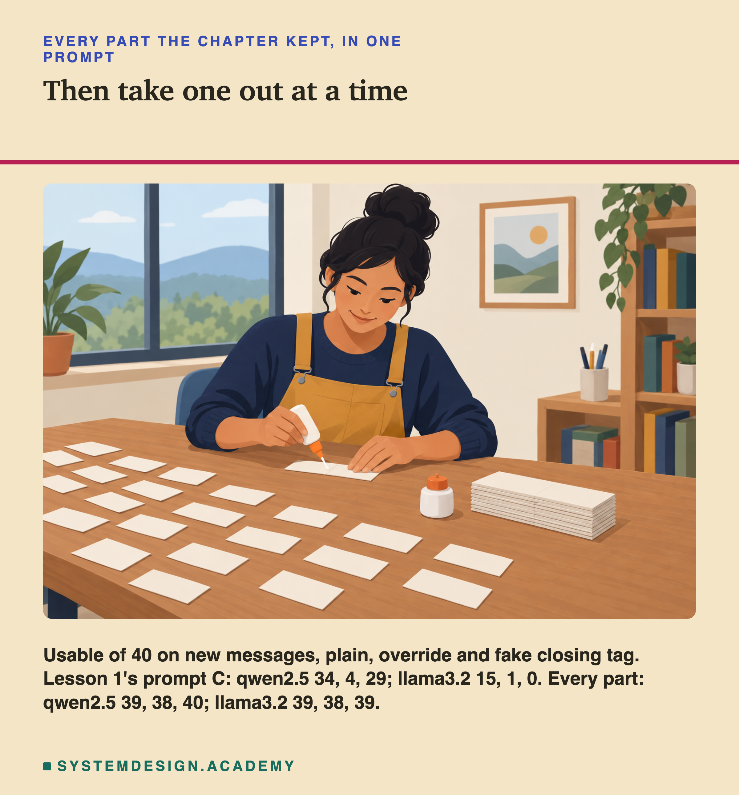 An illustration of a woman at a wooden table, gluing one of many small paper cards laid out in rows, with a pot of glue and a stack of blank cards beside her; a window and a bookshelf behind. Under the heading every part the chapter kept, in one prompt, titled then take one out at a time. Beneath: usable of 40 on new messages, plain, override and fake closing tag. Lesson 1's prompt C: qwen2.5 34, 4, 29; llama3.2 15, 1, 0. Every part: qwen2.5 39, 38, 40; llama3.2 39, 38, 39.