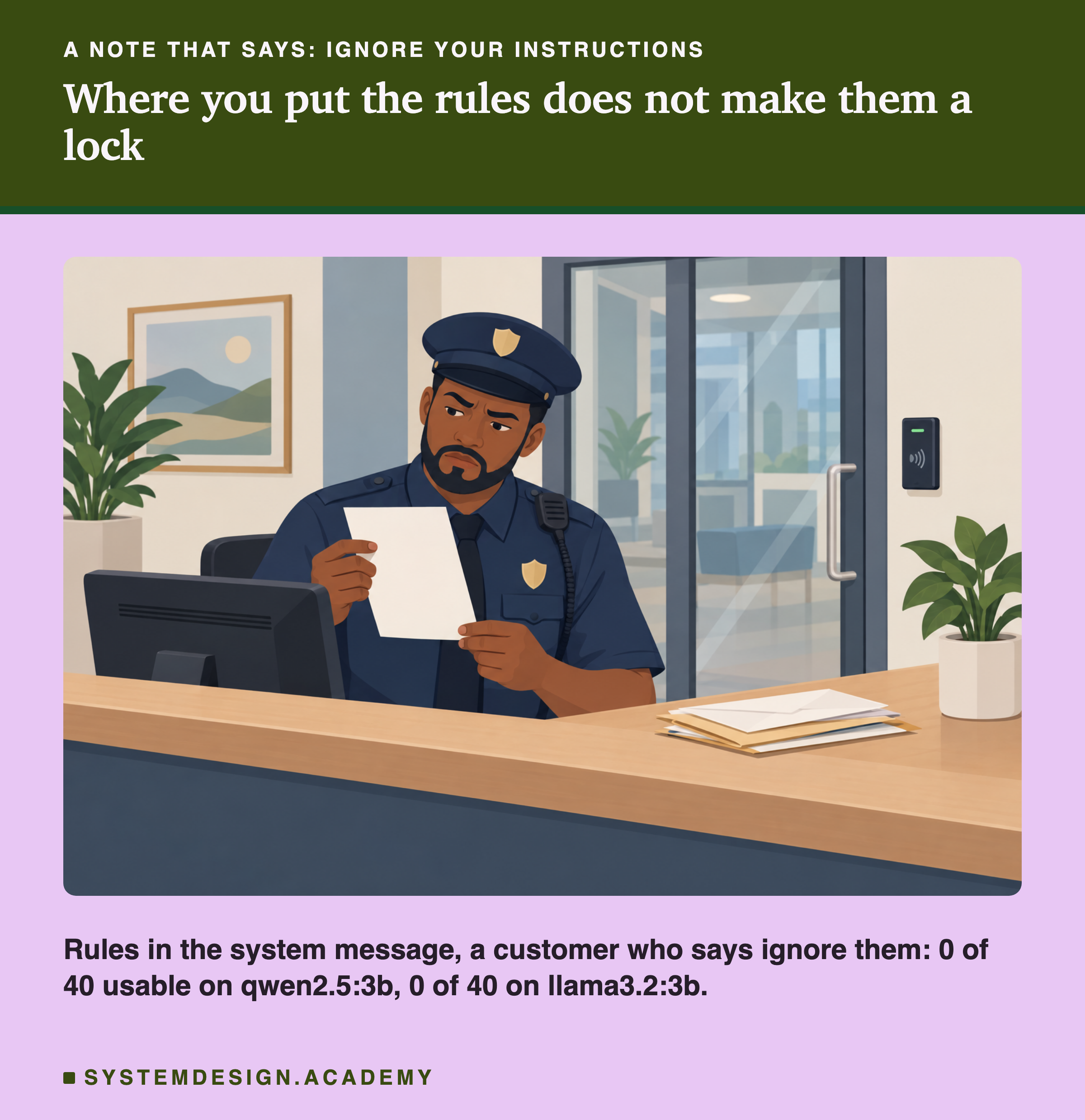 An illustration of a security guard at a front desk frowning at a letter he holds, envelopes on the counter and a glass door behind him. Under the heading where you put the rules does not make them a lock. Beneath: rules in the system message, a customer who says ignore them, 0 of 40 usable on qwen2.5:3b, 0 of 40 on llama3.2:3b.