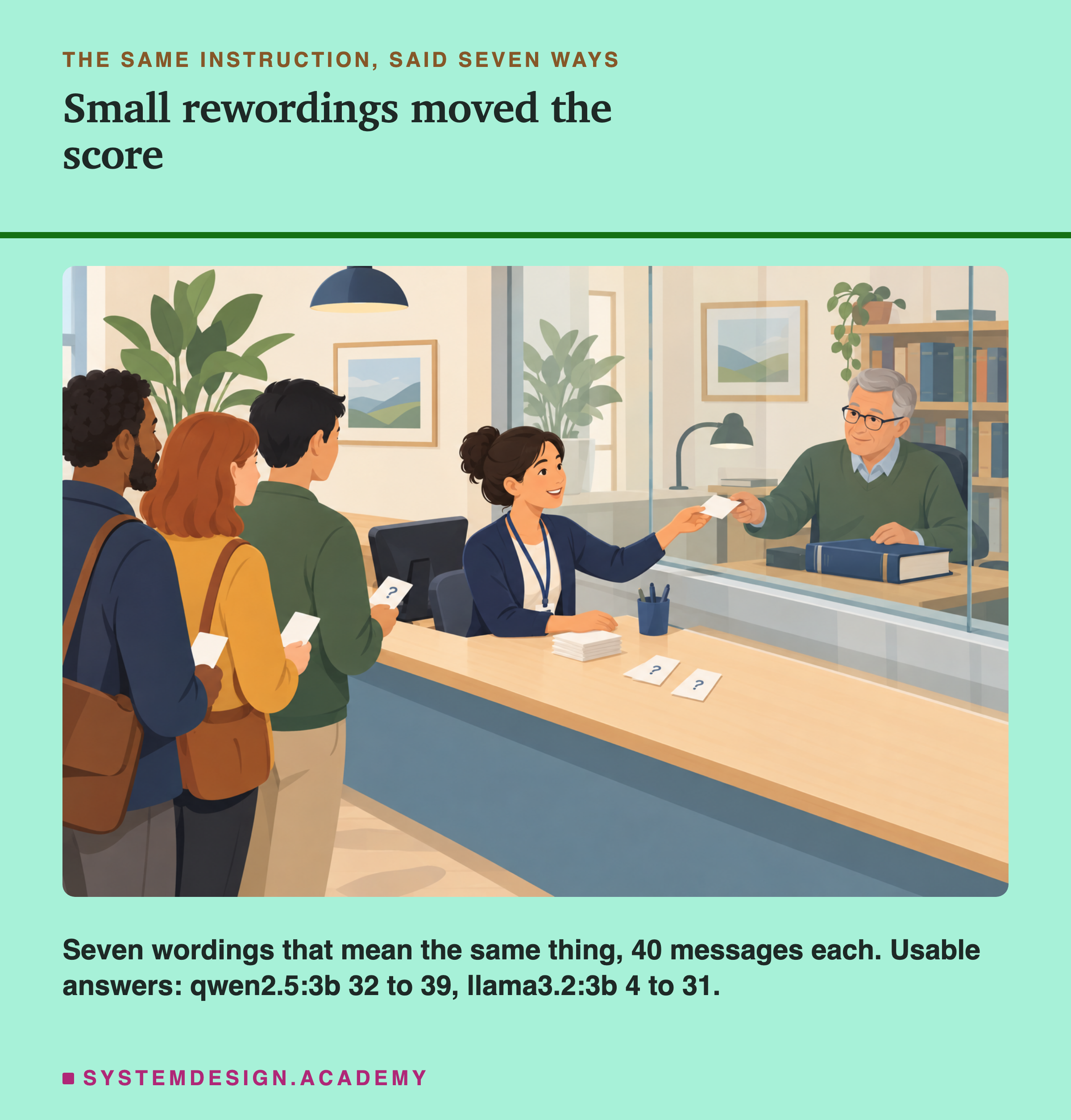 An illustration of a busy front desk: three people queue with small cards in their hands, a receptionist at the counter passes a card to an older man behind a glass screen, and more cards lie on the counter. Under the heading the same instruction, said seven ways, titled small rewordings moved the score. Beneath: seven wordings that mean the same thing, 40 messages each. Usable answers: qwen2.5:3b 32 to 39, llama3.2:3b 4 to 31.
