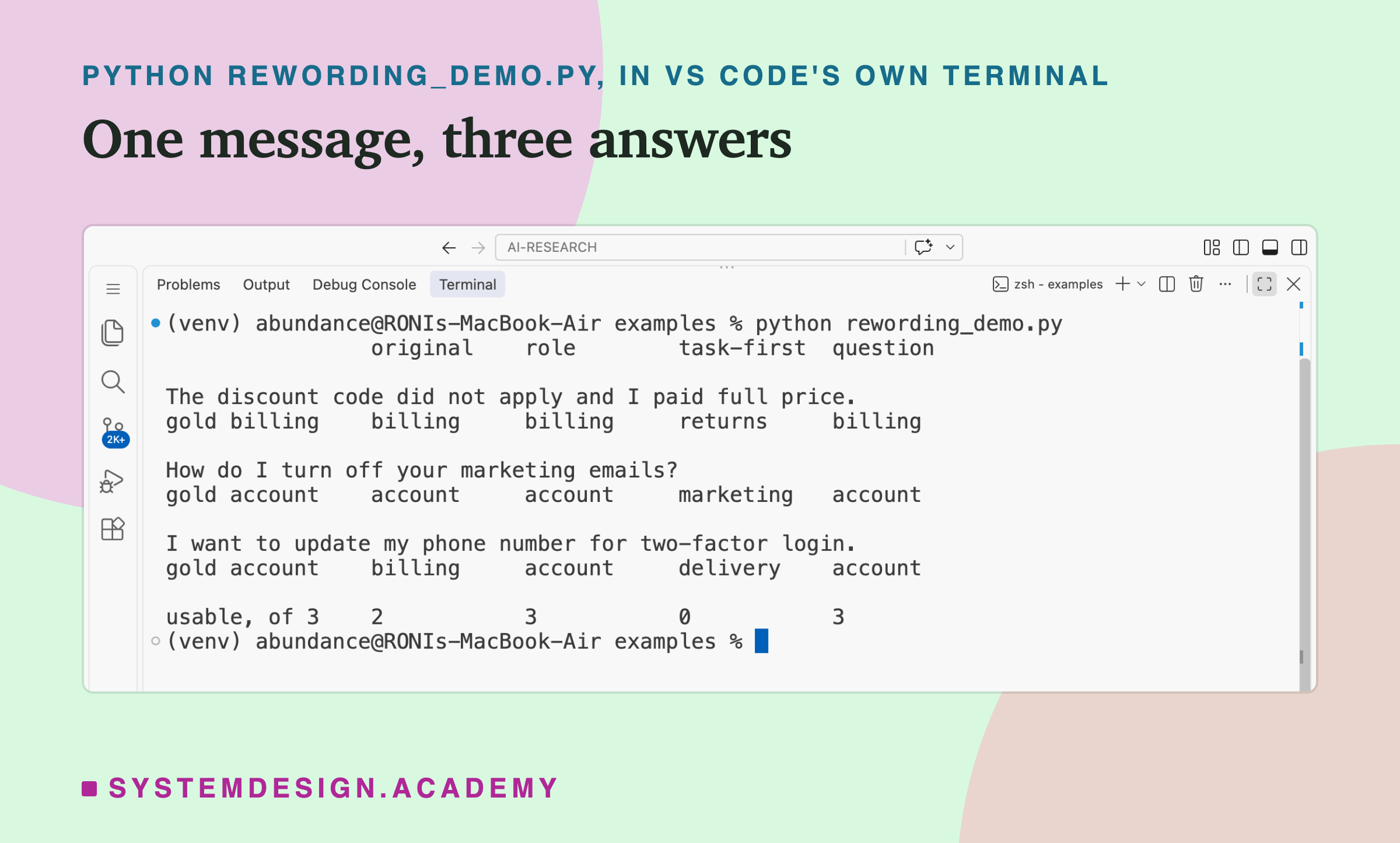 A real screenshot of VS Code's terminal after running python rewording_demo.py. Columns original, role, task-first and question. The discount code did not apply and I paid full price, gold billing: billing, billing, returns, billing. How do I turn off your marketing emails?, gold account: account, account, marketing, account. I want to update my phone number for two-factor login, gold account: billing, account, delivery, account. Usable, of 3: 2, 3, 0, 3.