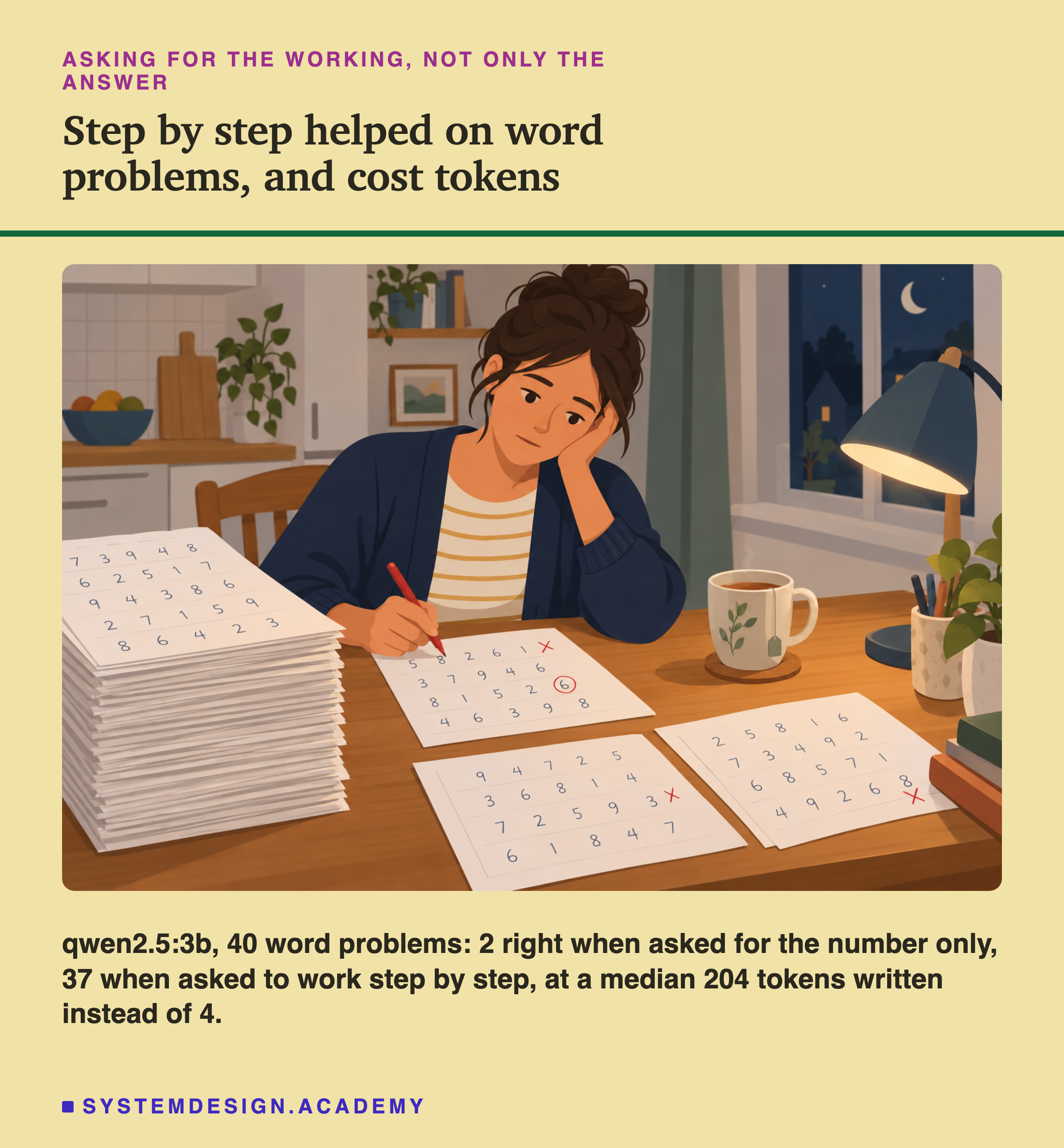 An illustration of a teacher at a kitchen table in the evening, marking sheets of numbers with a pen, a tall pile of sheets beside her and a lamp and a mug of tea on the table. Under the heading asking for the working, not only the answer, titled step by step helped on word problems, and cost tokens. Beneath: qwen2.5:3b, 40 word problems: 2 right when asked for the number only, 37 when asked to work step by step, at a median 204 tokens written instead of 4.