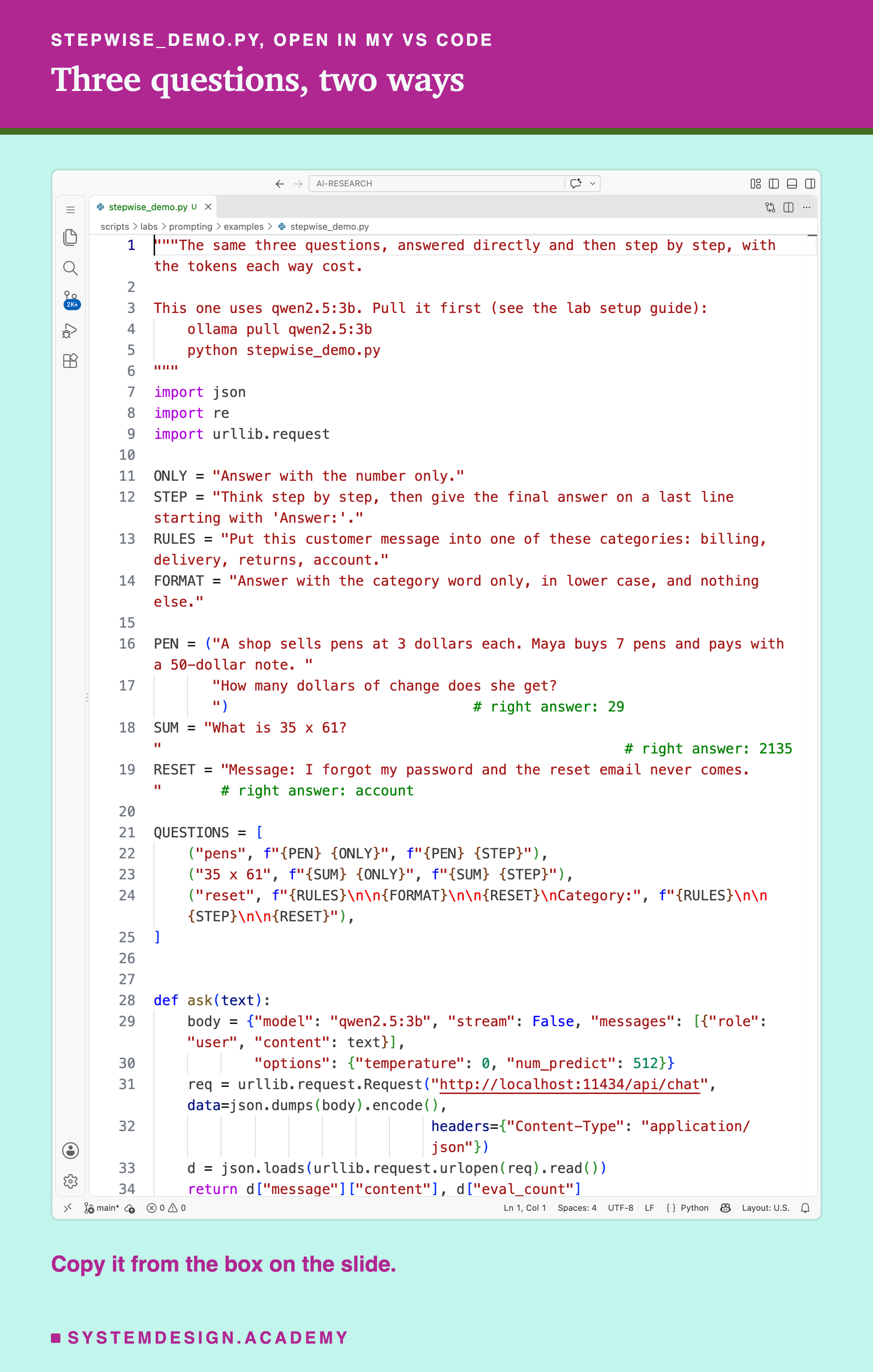 A real screenshot of VS Code with stepwise_demo.py open, lines 1 to 34 visible. It defines ONLY and STEP, the two ways of asking, and lesson 1's RULES and FORMAT; three questions: the pens word problem, What is 35 x 61?, and the message I forgot my password and the reset email never comes, each written both ways; a function ask that sends a prompt to qwen2.5:3b at temperature 0 with up to 512 tokens and returns the reply and the tokens written. The function that reads the final answer comes after line 34, in the box on the slide. Beneath: copy it from the box on the slide.