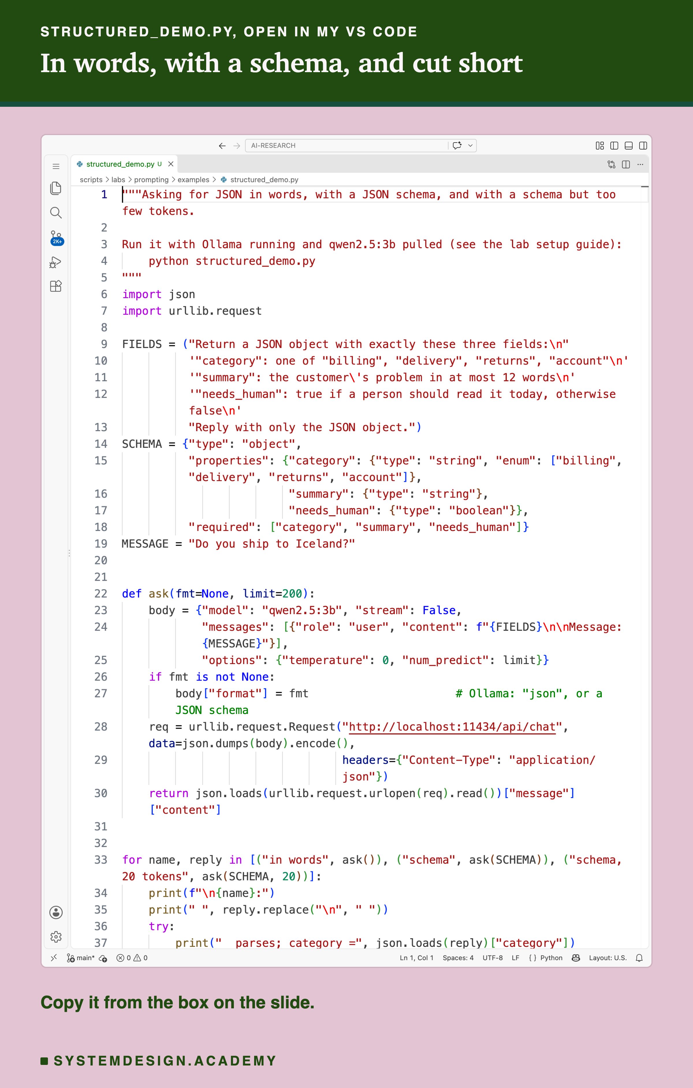 A real screenshot of VS Code with structured_demo.py open, lines 1 to 37 visible. It defines FIELDS, the three-field instruction; SCHEMA, the JSON schema with an enum of the four categories, a summary string and a needs_human boolean; the message, Do you ship to Iceland?; and a function ask that sends the prompt to qwen2.5:3b on Ollama's chat endpoint at temperature 0, adding a format when one is given. Beneath: copy it from the box on the slide.