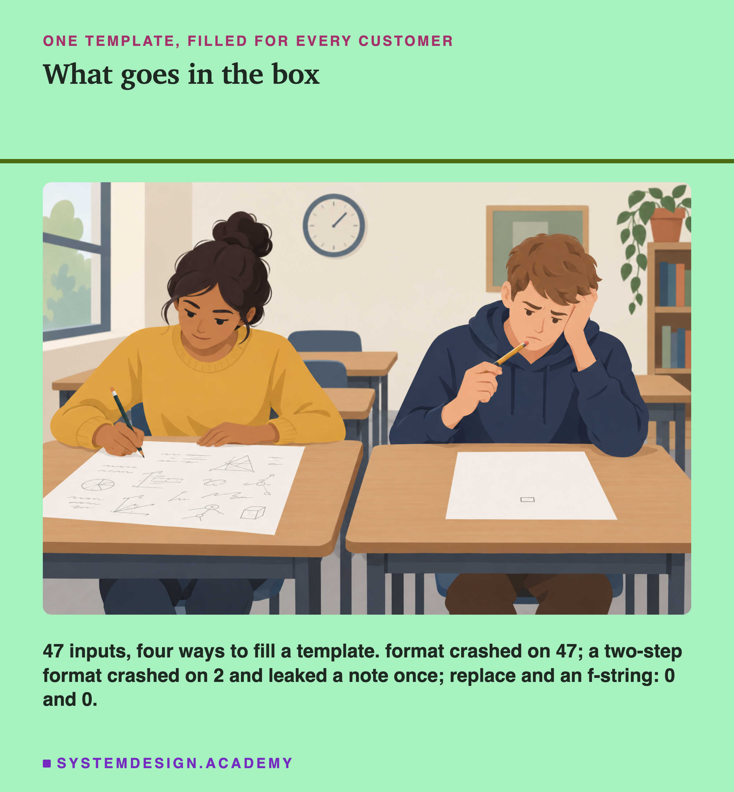An illustration of a classroom. A young woman at the left desk writes on a sheet covered in small sketches; beside her, a young man rests his head on his hand, a pencil at his lip, looking at a nearly empty sheet with one small box on it. Under the heading one template, filled for every customer, titled what goes in the box. Beneath: 47 inputs, four ways to fill a template. format crashed on 47; a two-step format crashed on 2 and leaked a note once; replace and an f-string: 0 and 0.