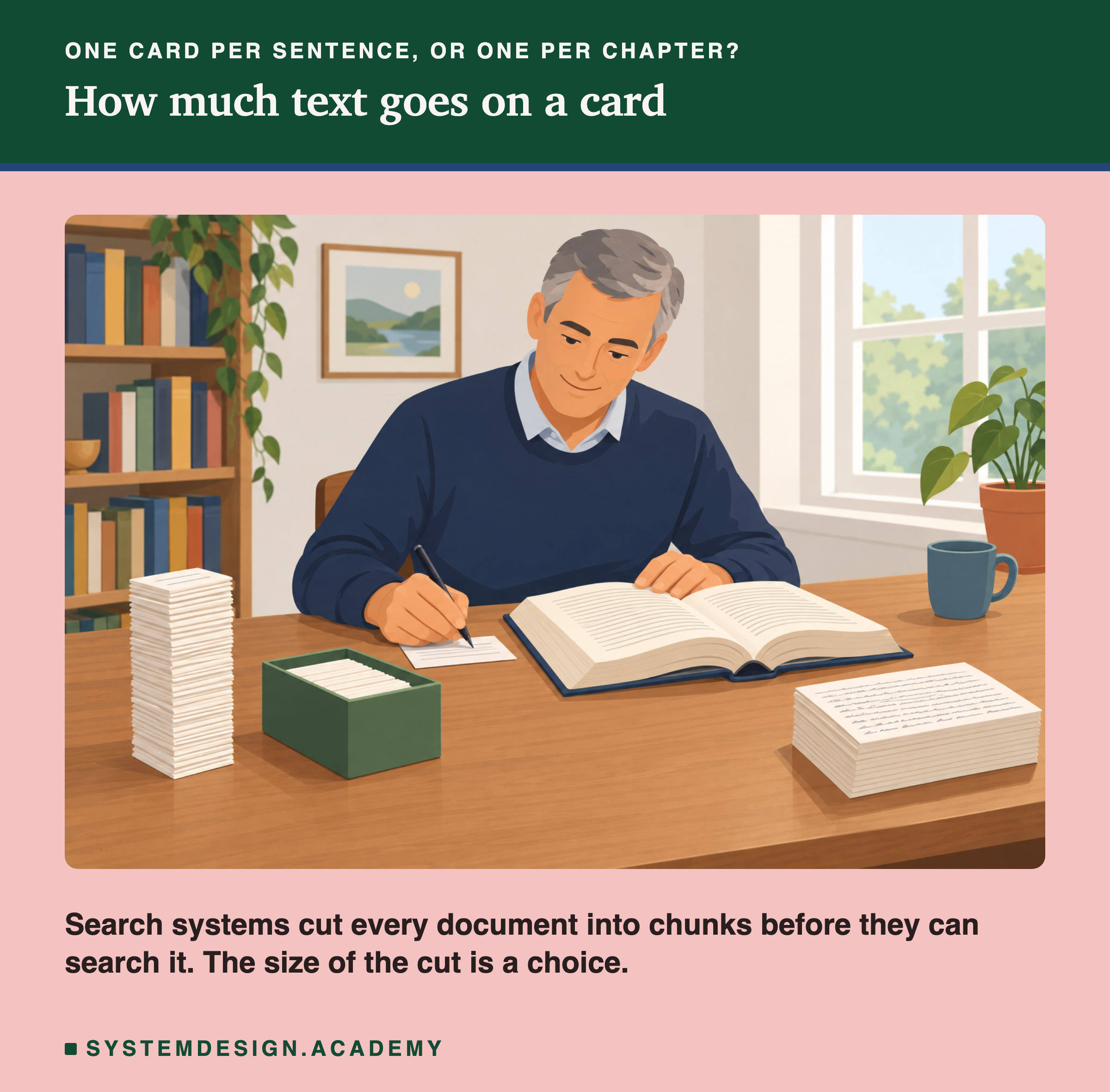 A flat illustration. A man at a wooden desk copies a thick open book onto index cards. On the left, a tall pile of tiny cards, each holding a single line. On the right, a small stack of large cards crammed with writing. A green card box sits in the middle.