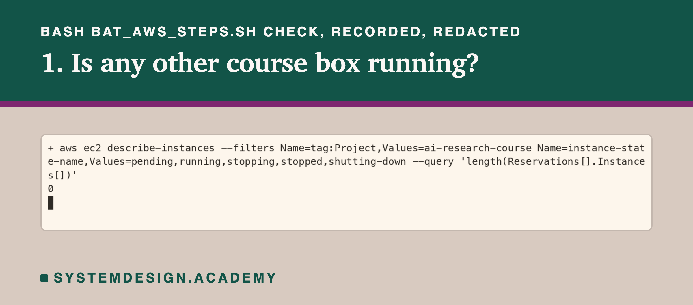 A real terminal recording of step 1. The shell prints the command aws ec2 describe-instances with filters for the tag Project=ai-research-course and the states pending, running, stopping, stopped and shutting-down, asking for the number of instances; the answer is 0.