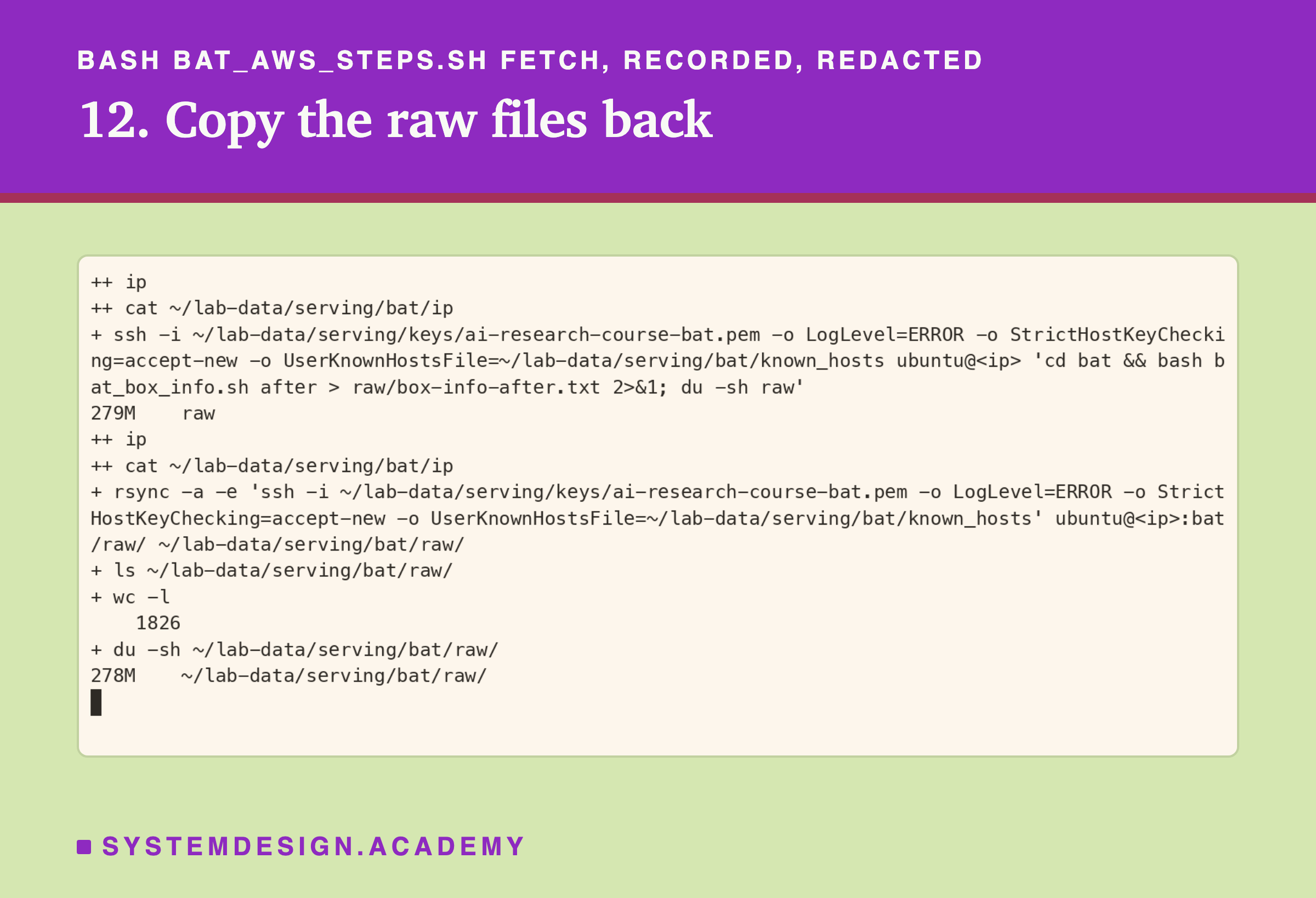A real terminal recording of step 12, with the address replaced by a placeholder. Over ssh, the box records its info after the schedule and prints the size of its raw folder, 279M; then rsync copies the box's bat/raw folder to my laptop; ls counts 1826 files; du prints 278M for the copy.