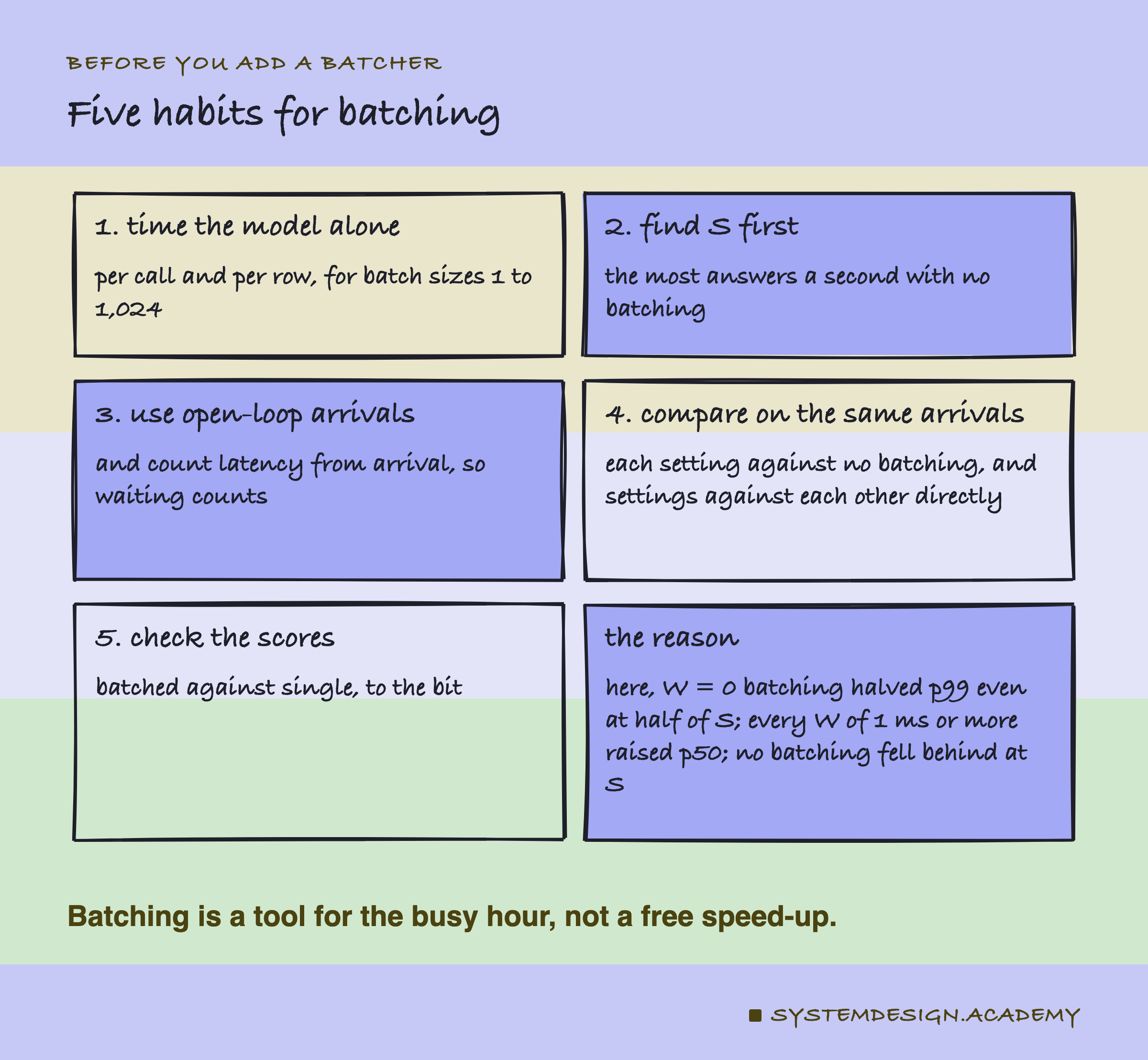 A hand-drawn grid of six cards, titled five habits for batching. 1, time the model alone: per call and per row, for batch sizes 1 to 1,024. 2, find S first: the most answers a second with no batching. 3, use open-loop arrivals: and count latency from arrival, so waiting counts. 4, compare on the same arrivals: each setting against no batching, and settings against each other directly. 5, check the scores: batched against single, to the bit. The reason: here, W = 0 batching halved p99 even at half of S; every W of 1 ms or more raised p50; no batching fell behind at S. Caption: batching is a tool for the busy hour, not a free speed-up.