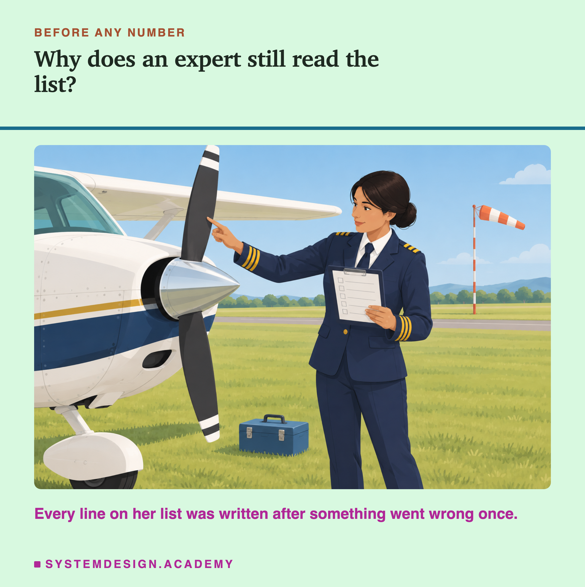 A flat illustration of a sunny airfield. A pilot in a uniform jacket with striped cuffs stands beside the nose of a small single-propeller plane. She holds a clipboard with a list of empty tick boxes in one hand and points at the propeller with the other. A toolbox sits on the grass and a windsock flies in the distance. Below the picture: every line on her list was written after something went wrong once.