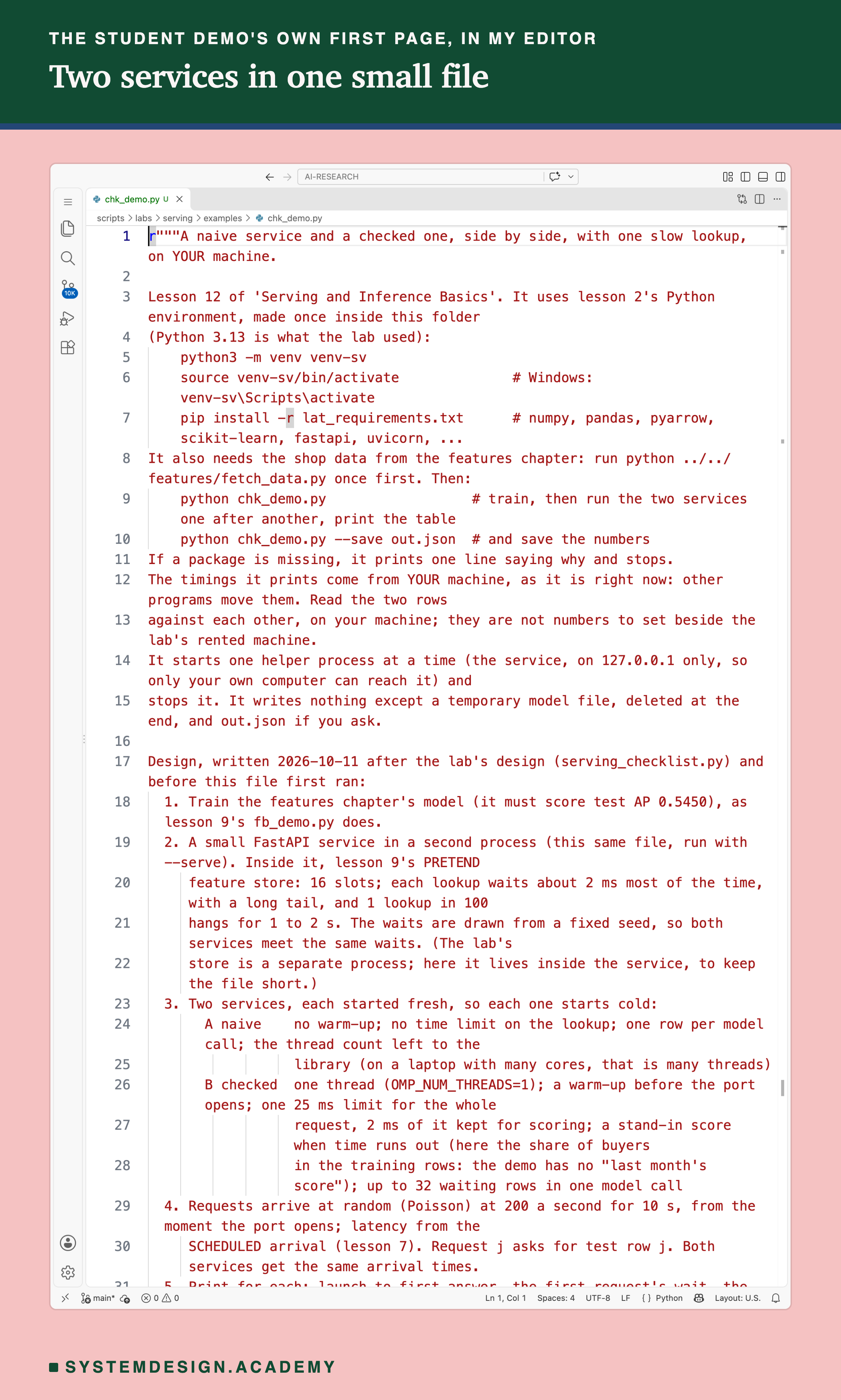 A real screenshot of VS Code with chk_demo.py open at the top of the file, showing its docstring: what it needs, how to run it, and the design written before it first ran, with two services, A naive and B checked.