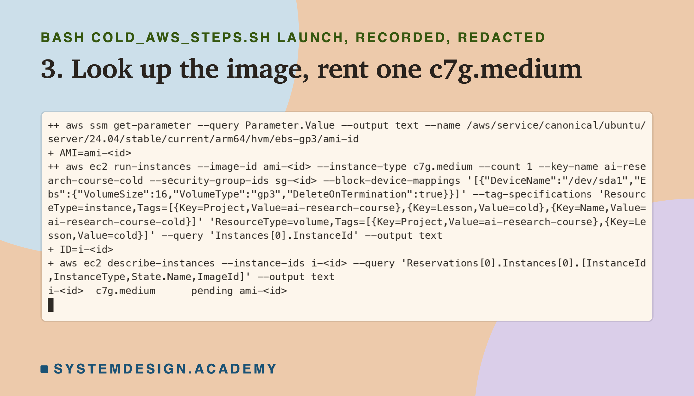 A real terminal recording of step 3, with the image, group and instance ids replaced by placeholders. aws ssm get-parameter reads /aws/service/canonical/ubuntu/server/24.04/stable/current/arm64/hvm/ebs-gp3/ami-id into AMI; aws ec2 run-instances with that image, type c7g.medium, the key ai-research-course-cold, a 16 GiB gp3 disk deleted on termination and the tags Project, Lesson and Name, asking only for the instance id, which goes into ID; describe-instances prints the id, c7g.medium, pending and the image id.