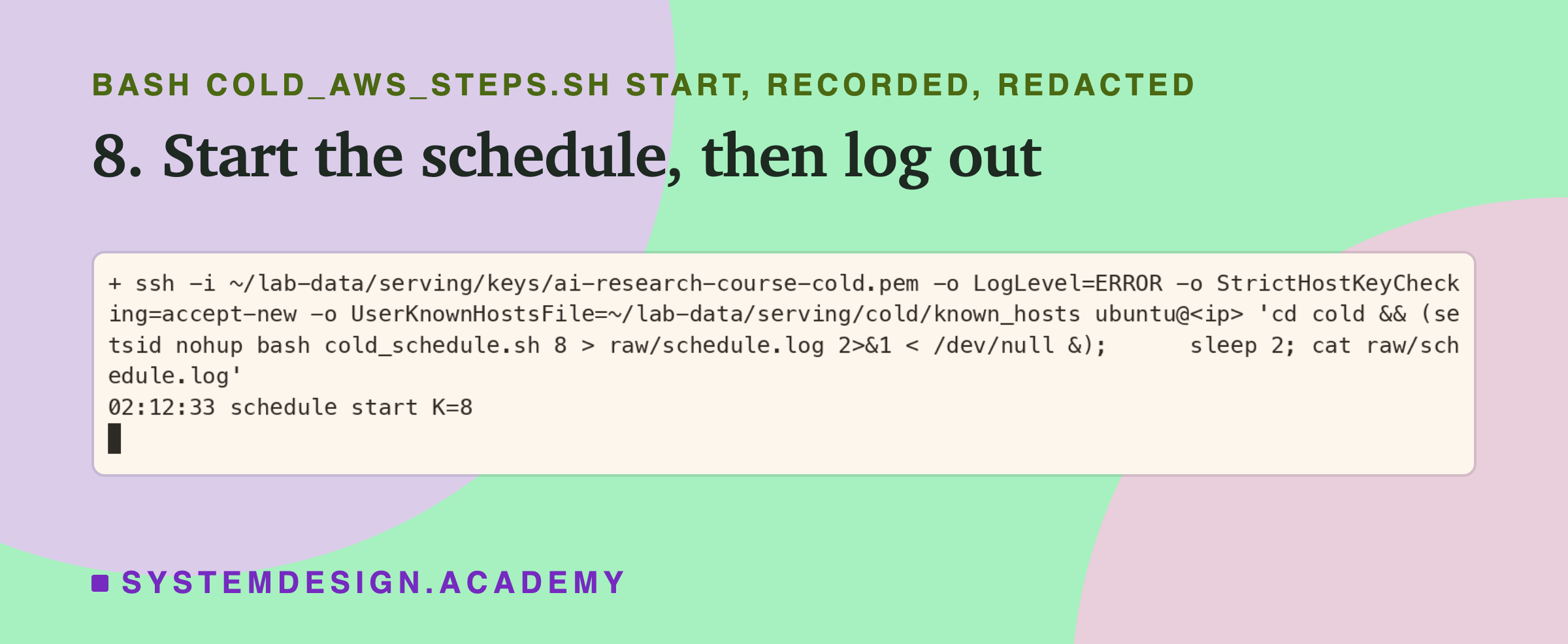 A real terminal recording of step 8, with the address replaced by a placeholder. Over ssh: cd cold, then setsid nohup bash cold_schedule.sh 8 with its output sent to raw/schedule.log, in the background; two seconds later the log shows 02:12:33 schedule start K=8.